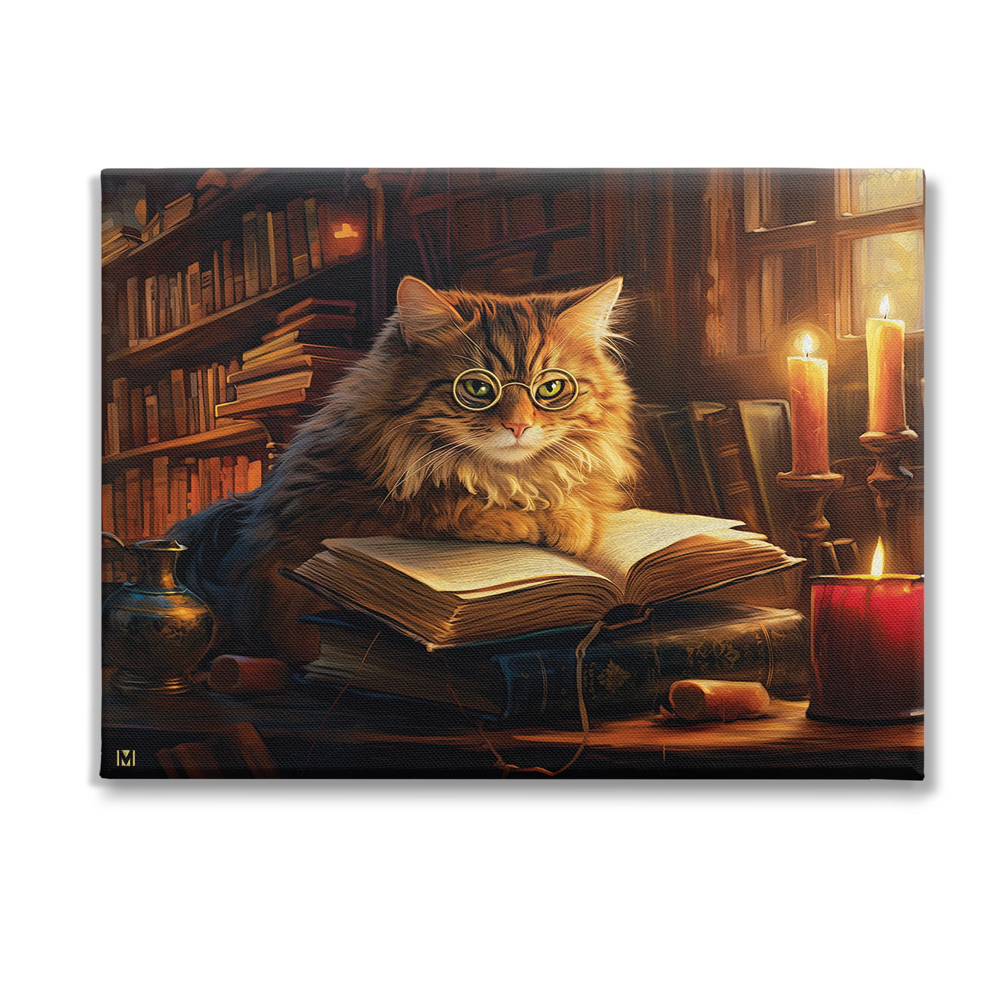 Stupell Industries Cat Reading by Candlelight Animals & Insects Painting Gallery Wrapped Canvas Art Print Wall Art, 40 x 30