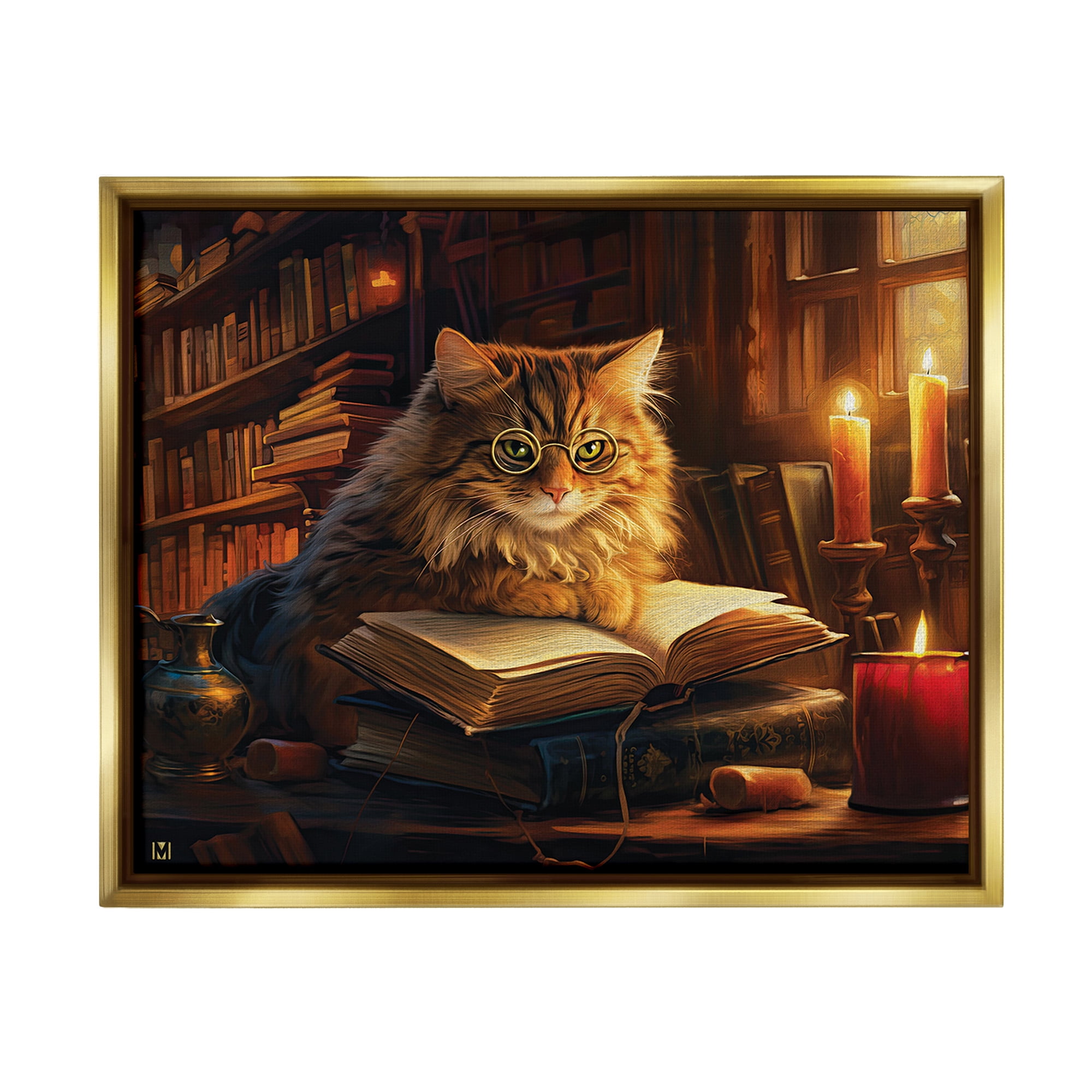 Stupell Industries Cat Reading by Candlelight Animals & Insects Painting Gold Floater Framed Canvas Art Print Wall Art, 21 x 17
