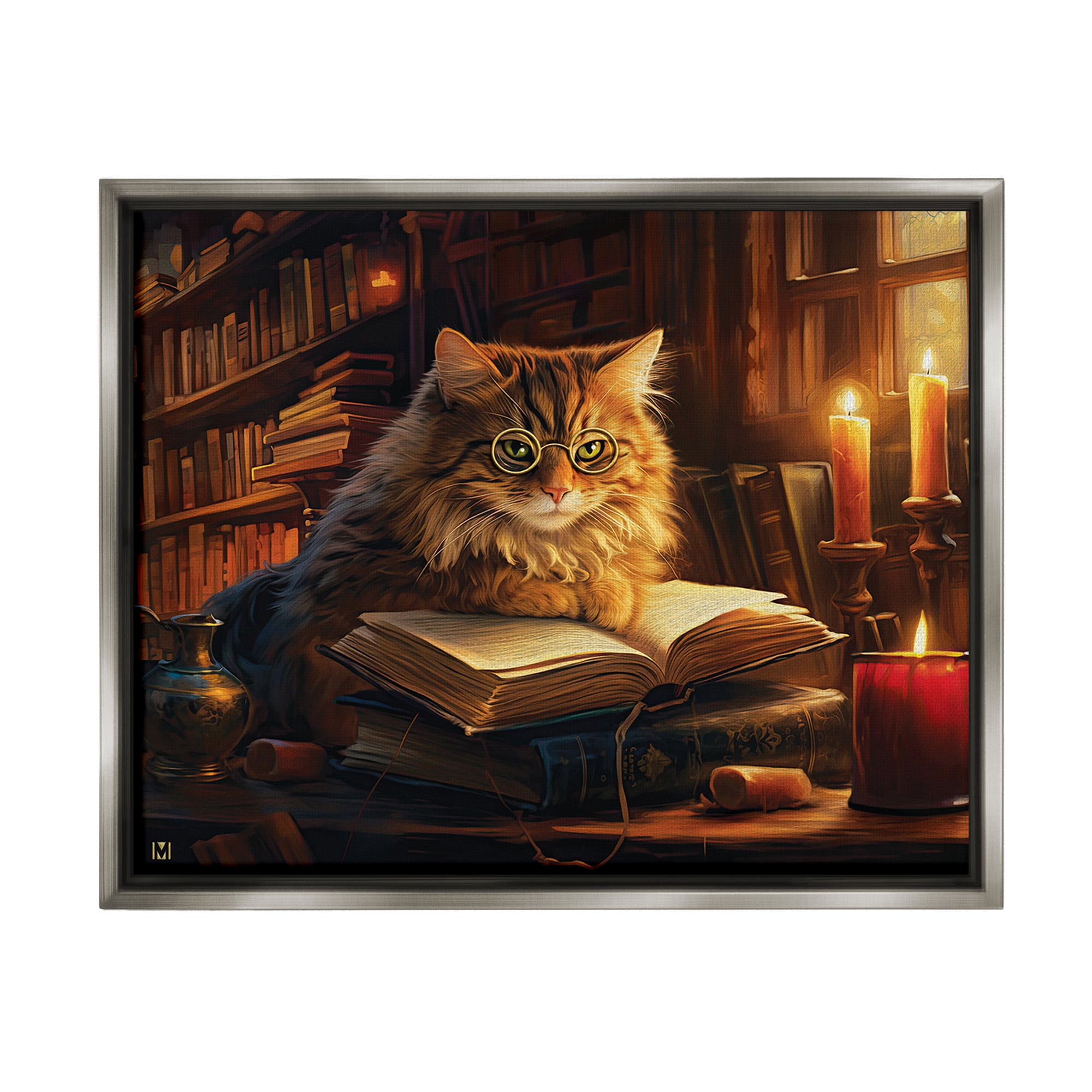 Stupell Industries Cat Reading by Candlelight Animals & Insects Painting Gray Floater Framed Canvas Art Print Wall Art, 21 x 17