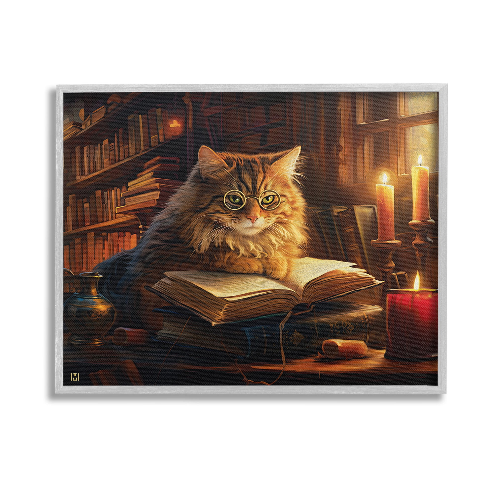 Stupell Industries Cat Reading by Candlelight Animals & Insects Painting Gray Framed Art Print Wall Art, 14 x 11