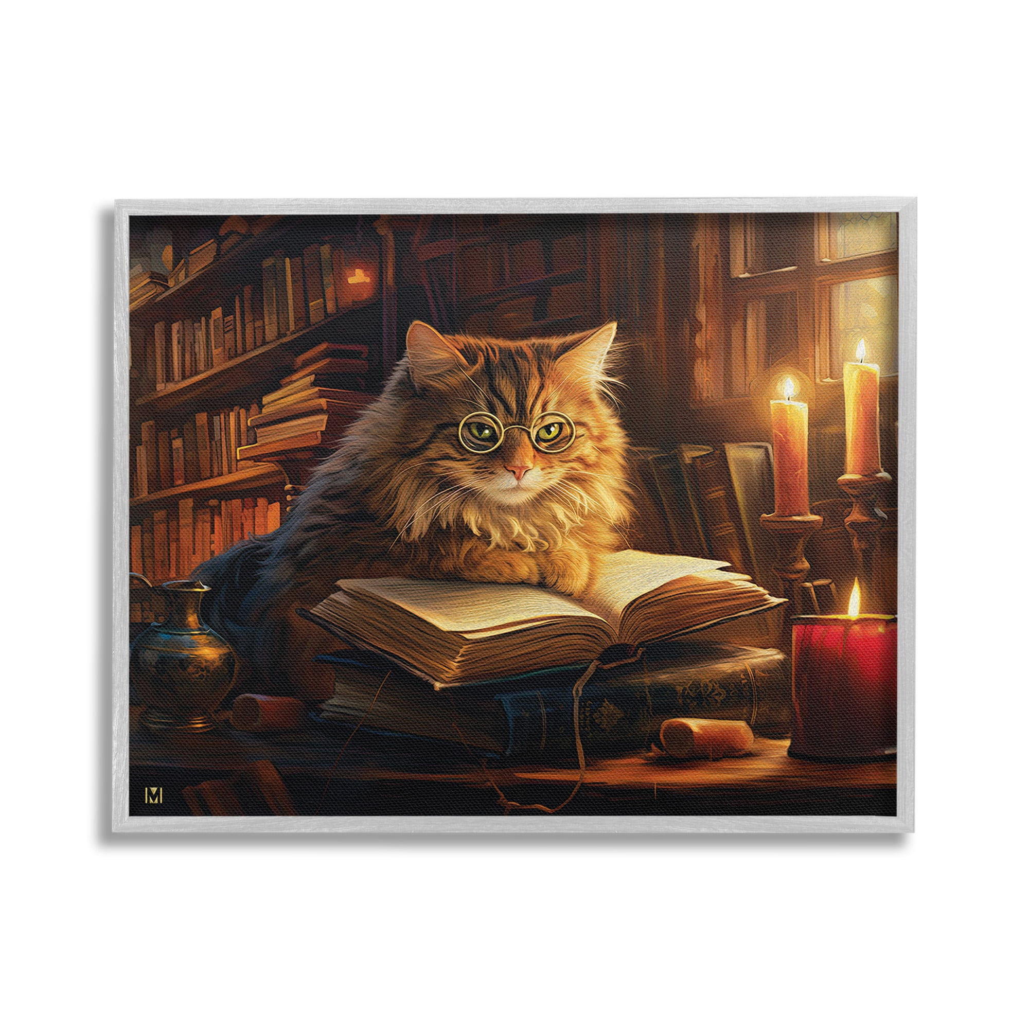 Stupell Industries Cat Reading by Candlelight Animals & Insects Painting Gray Framed Art Print Wall Art, 20 x 16