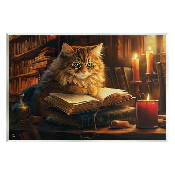 Stupell Industries Cat Reading by Candlelight Animals & Insects Painting Unframed Art Print Wall Art, 15 x 10