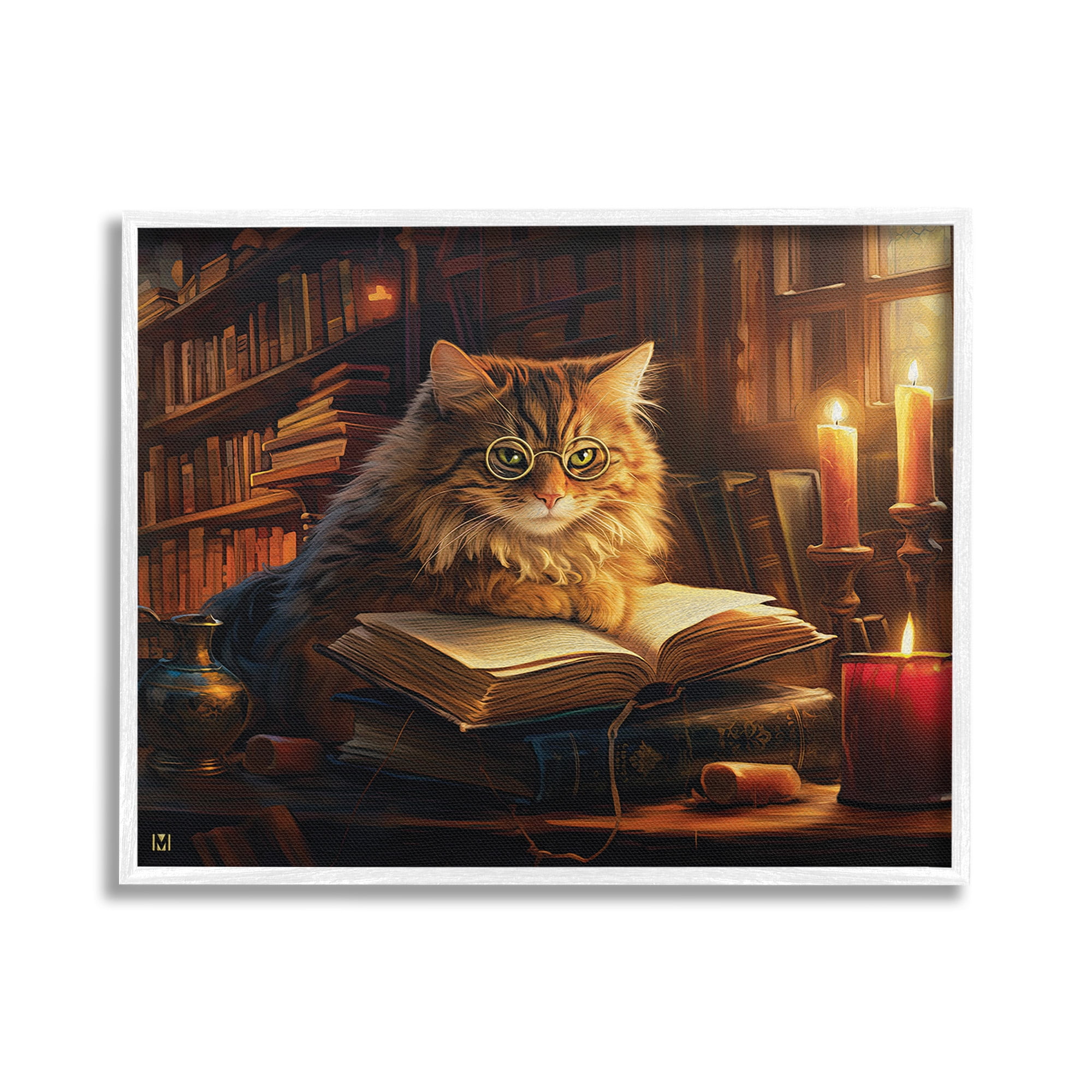 Stupell Industries Cat Reading by Candlelight Animals & Insects Painting White Framed Art Print Wall Art, 20 x 16