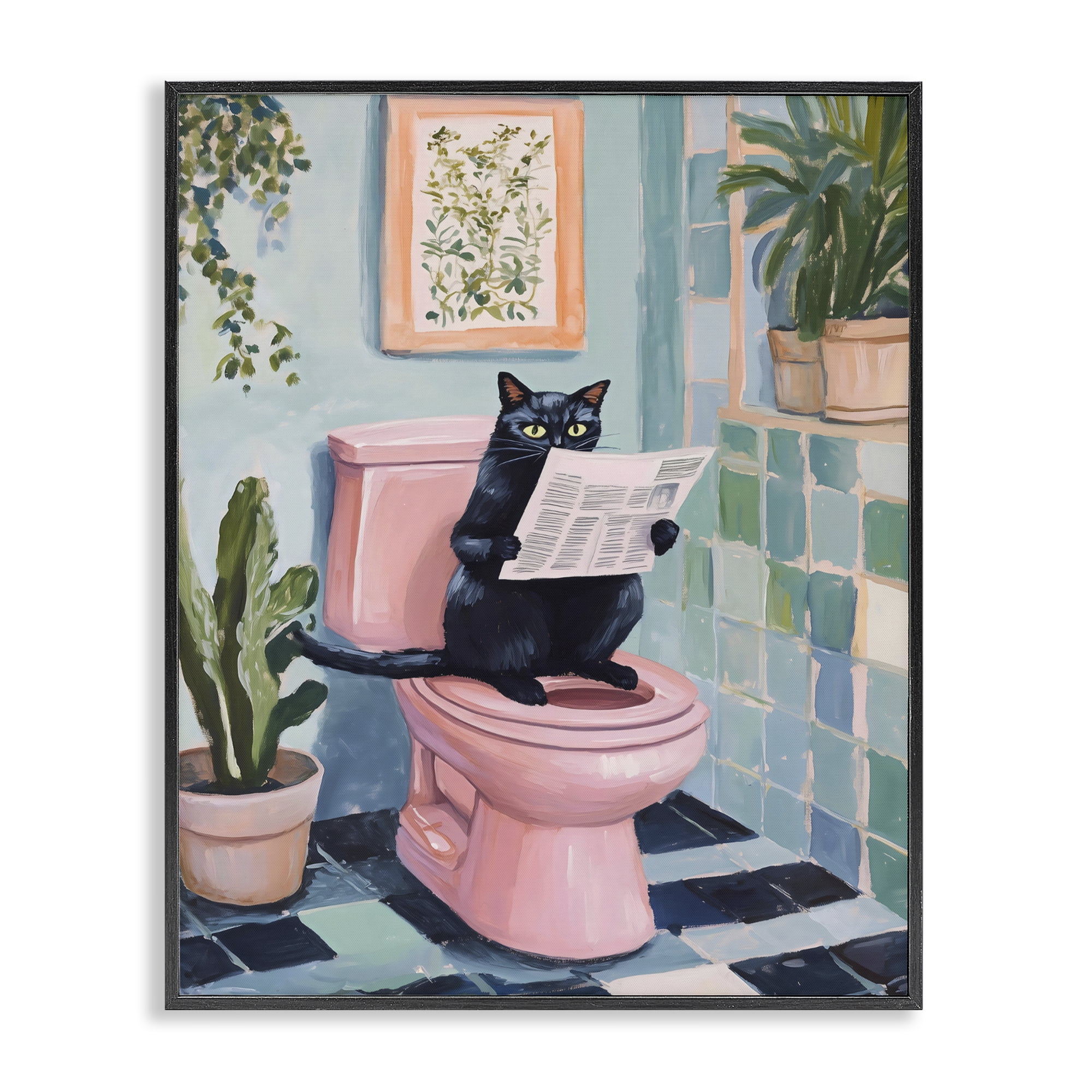 Stupell Industries Cat Reading on Pink Toilet Black Framed Giclee Art, design by The Prints Vibe