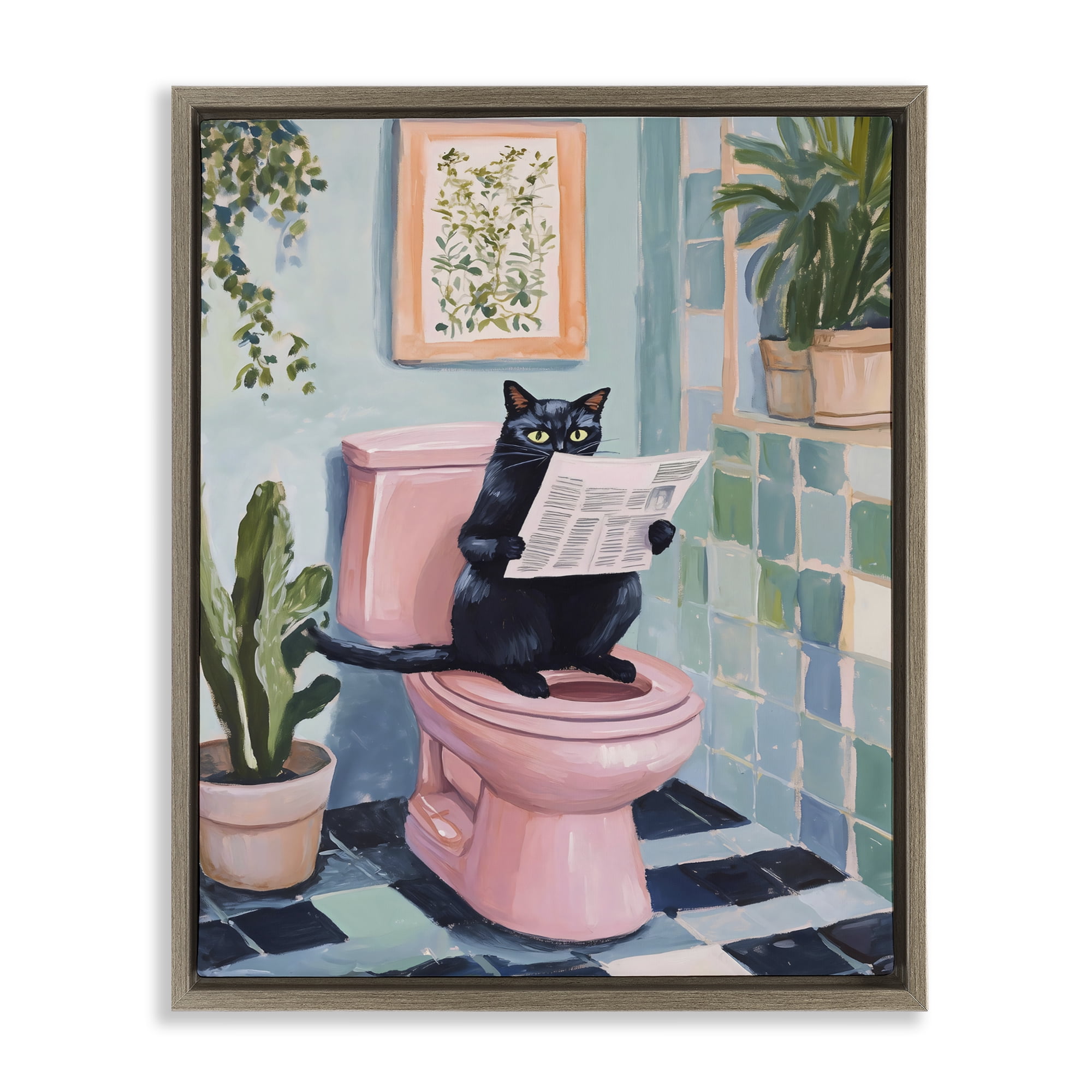 Stupell Industries Cat Reading on Pink Toilet Brown Framed Floater Canvas Wall Art, design by The Prints Vibe