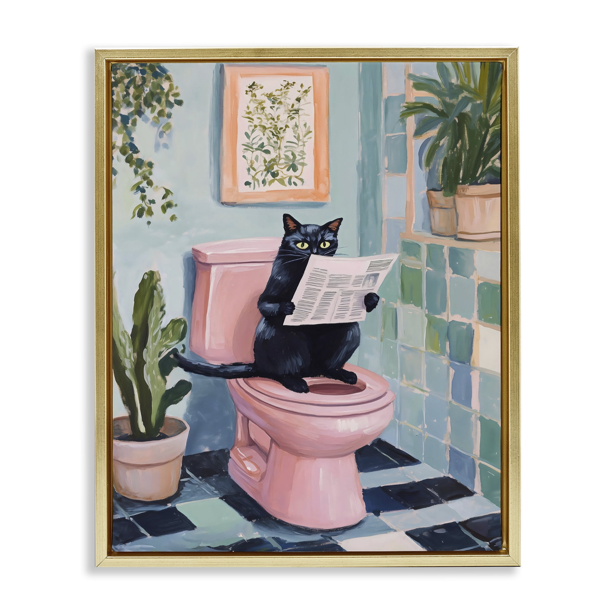 Stupell Industries Cat Reading on Pink Toilet Gold Framed Floater Canvas Wall Art, design by The Prints Vibe