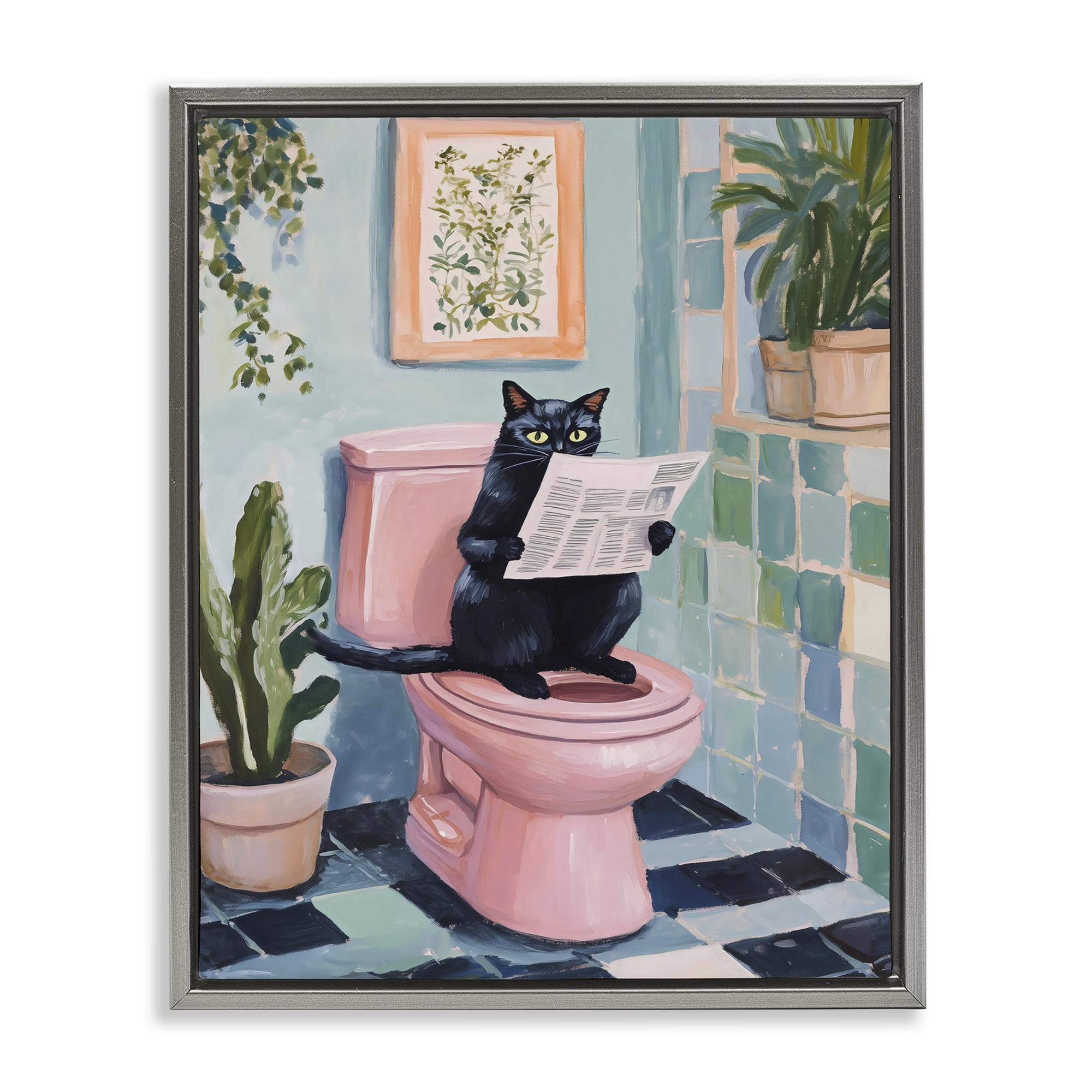 Stupell Industries Cat Reading on Pink Toilet Gray Framed Floater Canvas Wall Art, design by The Prints Vibe