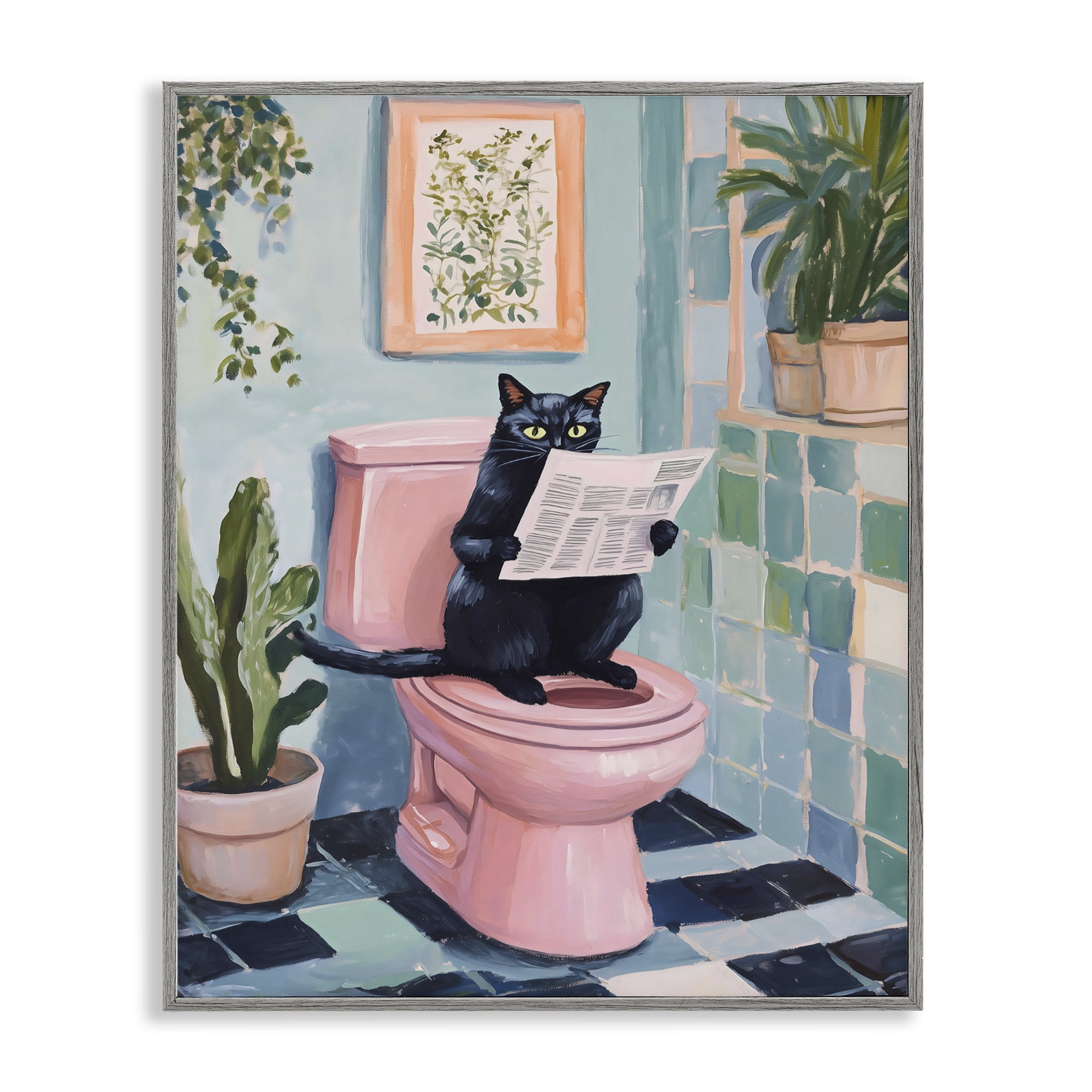 Stupell Industries Cat Reading on Pink Toilet Gray Framed Giclee Art, design by The Prints Vibe