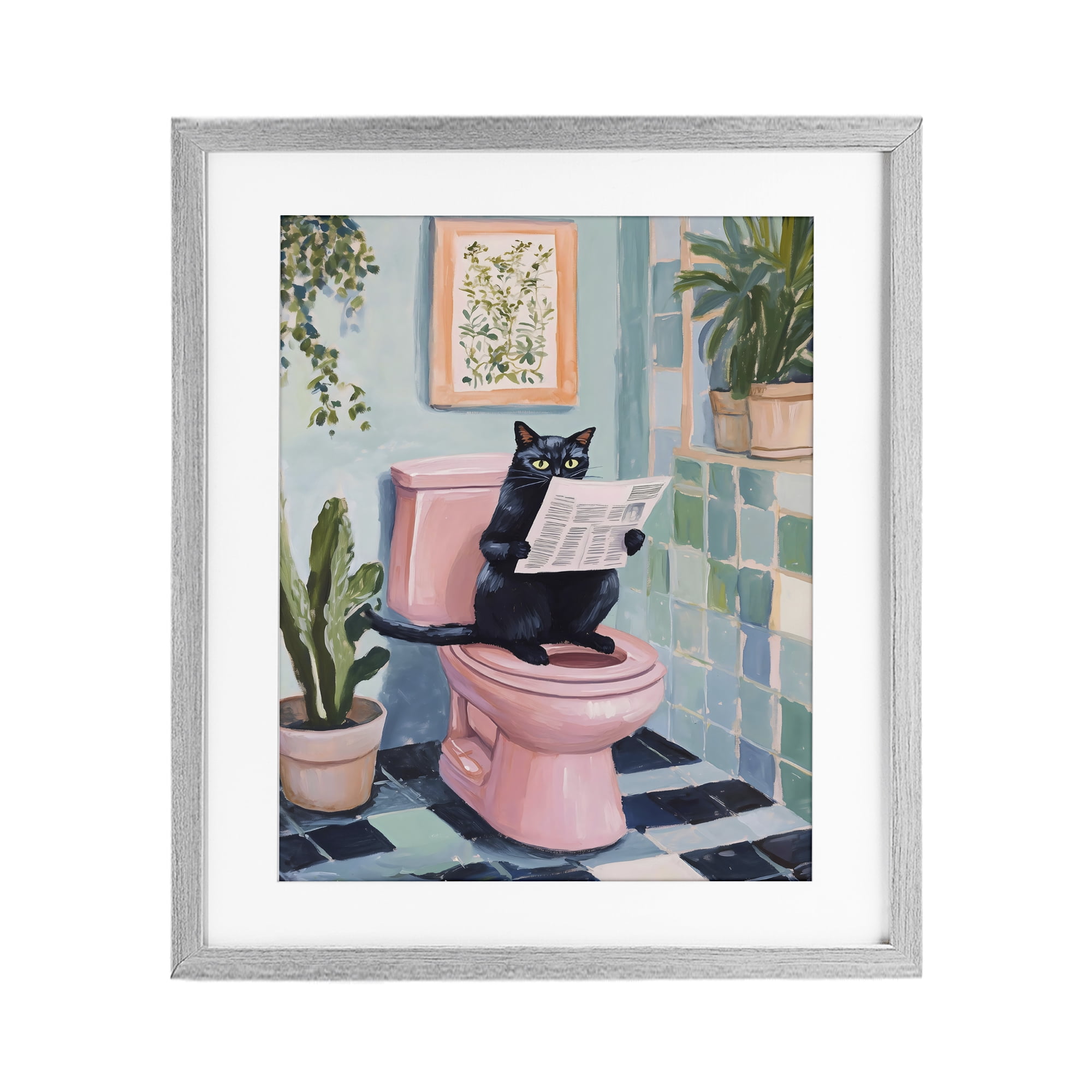 Stupell Industries Cat Reading on Pink Toilet Gray Framed Print Under Glass, design by The Prints Vibe