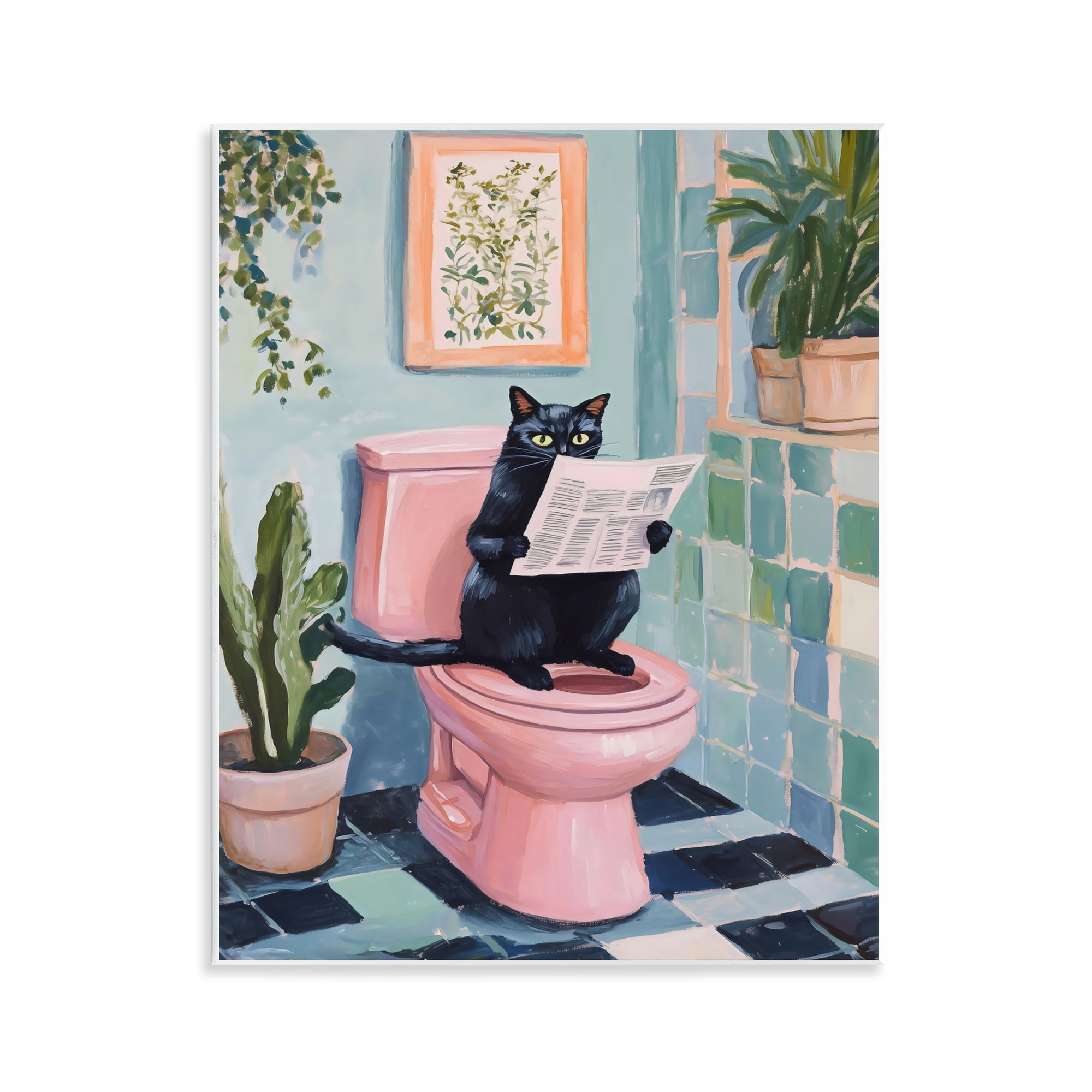 Stupell Industries Cat Reading on Pink Toilet Wall Plaque Art, design by The Prints Vibe