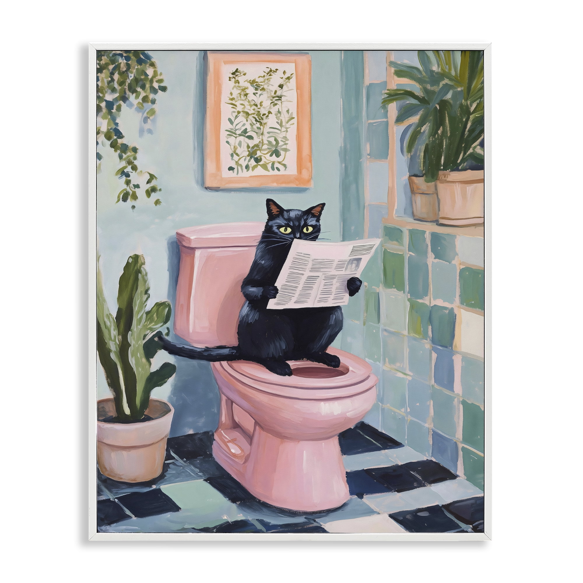 Stupell Industries Cat Reading on Pink Toilet White Framed Giclee Art, design by The Prints Vibe