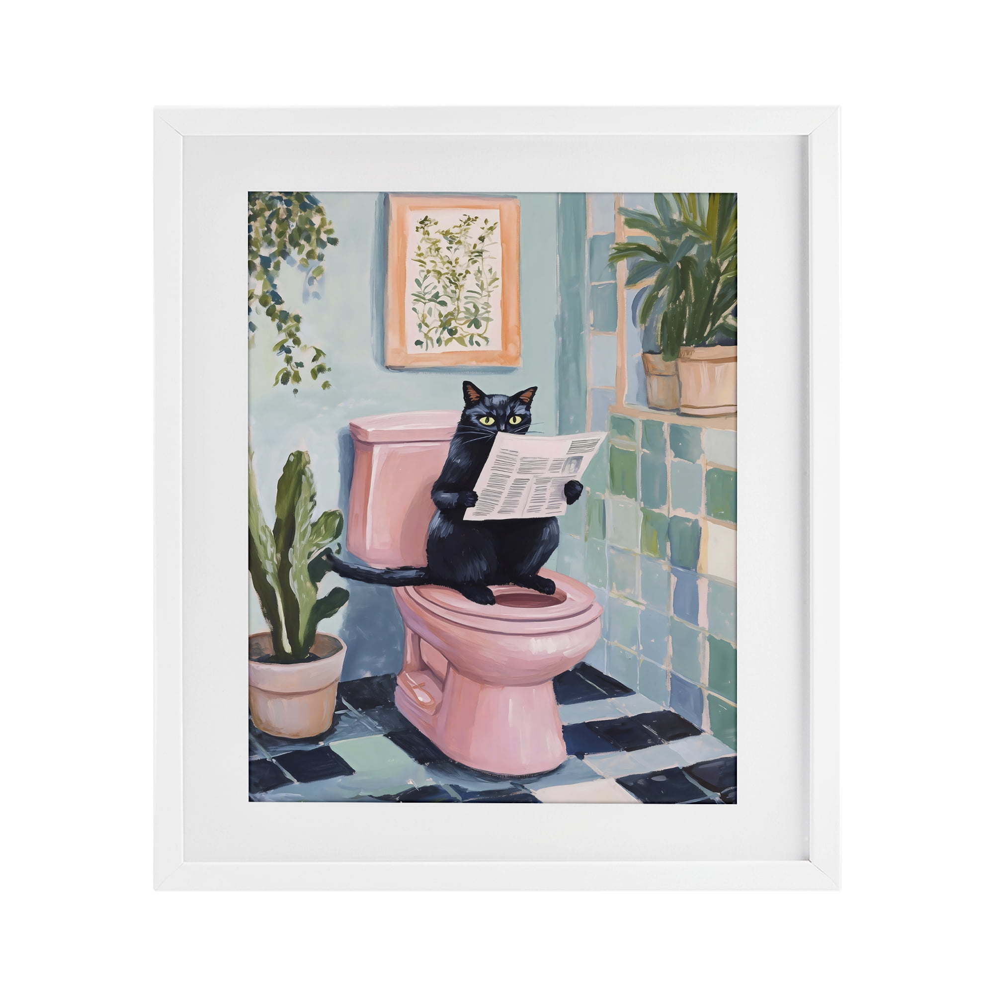 Stupell Industries Cat Reading on Pink Toilet White Framed Print Under Glass, design by The Prints Vibe