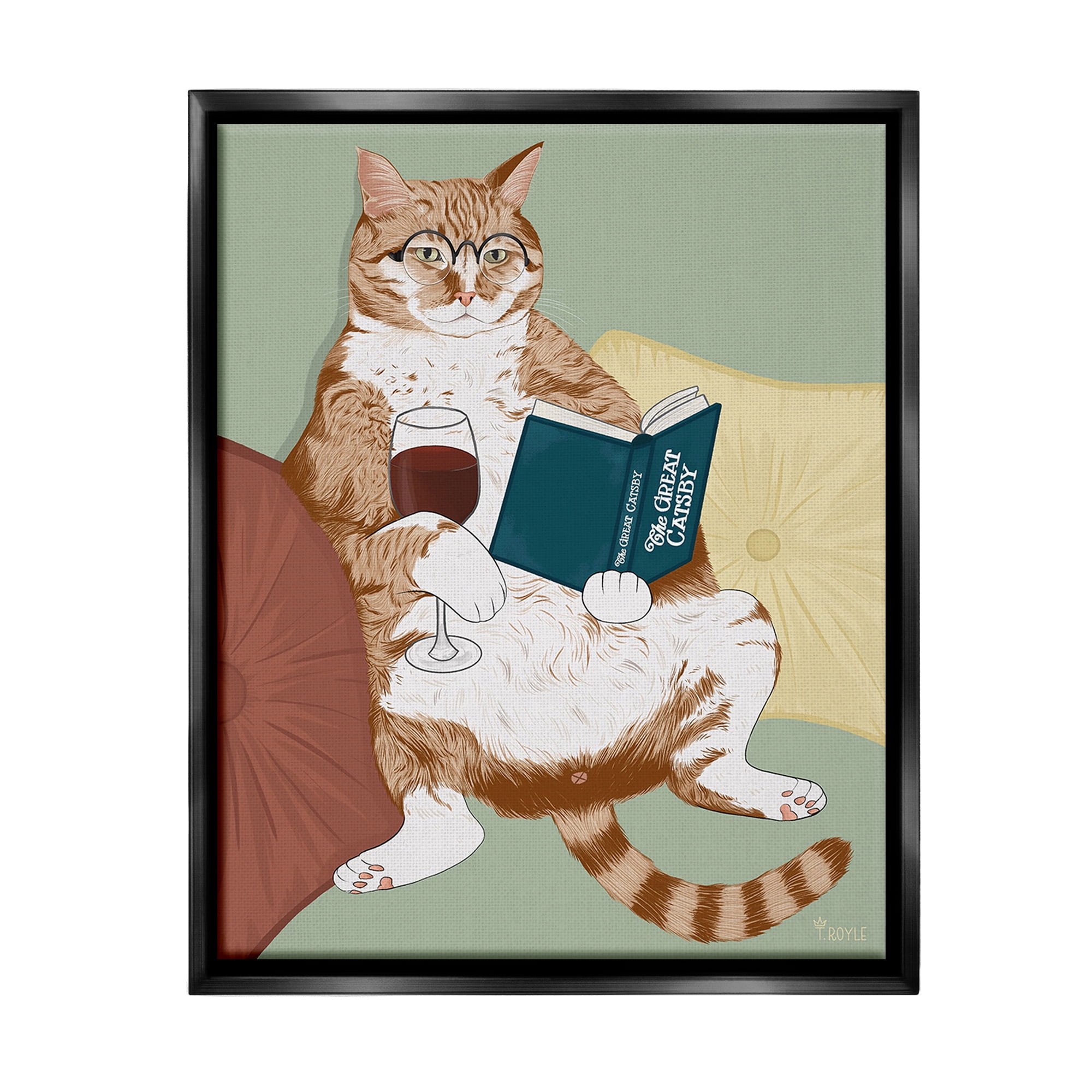 Stupell Industries Cat Reading with Wine Animals & Insects Painting Black Floater Framed Canvas Art Print Wall Art, 25 x 31