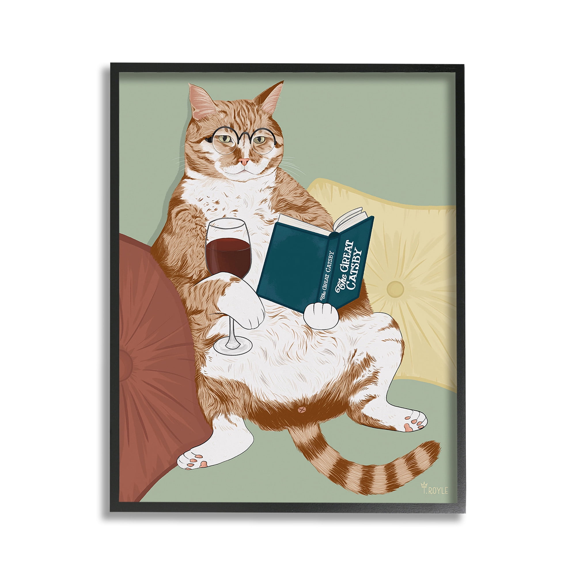 Stupell Industries Cat Reading with Wine Animals & Insects Painting Black Framed Art Print Wall Art, 11 x 14