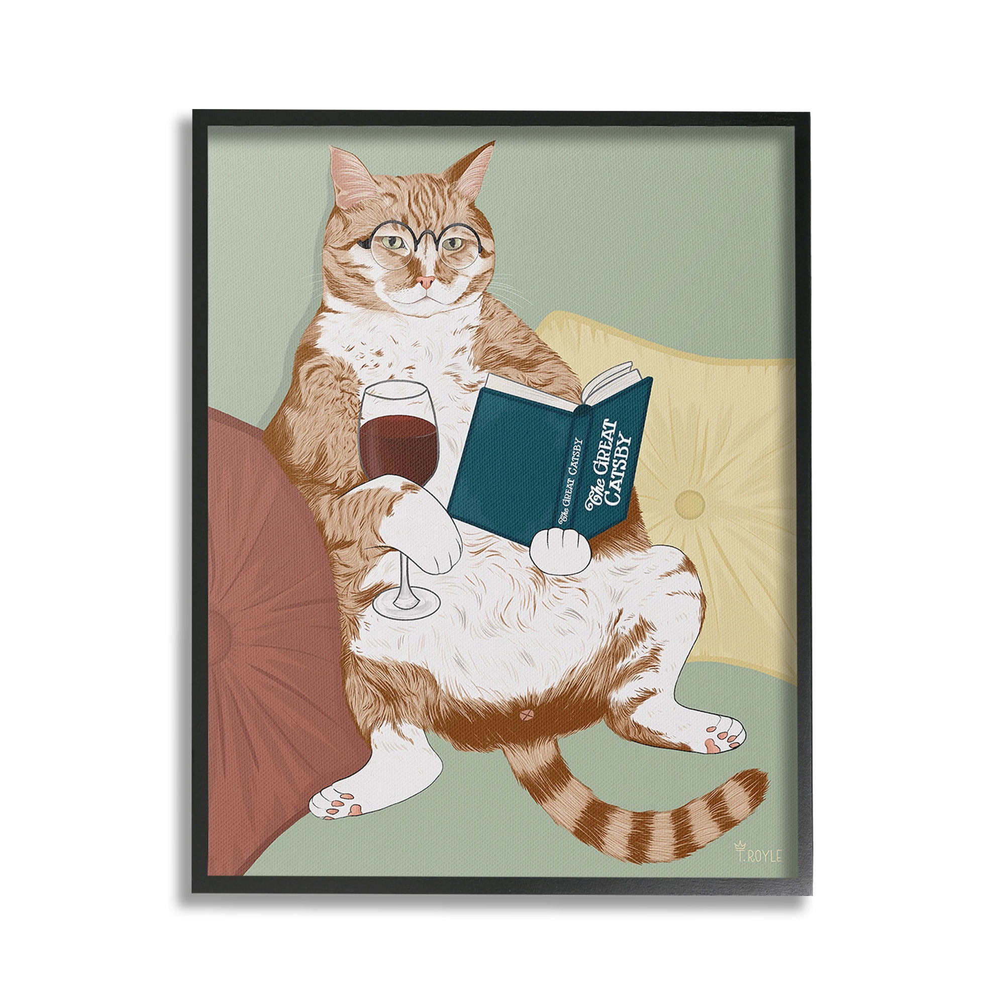 Stupell Industries Cat Reading with Wine Animals & Insects Painting Black Framed Art Print Wall Art, 24 x 30