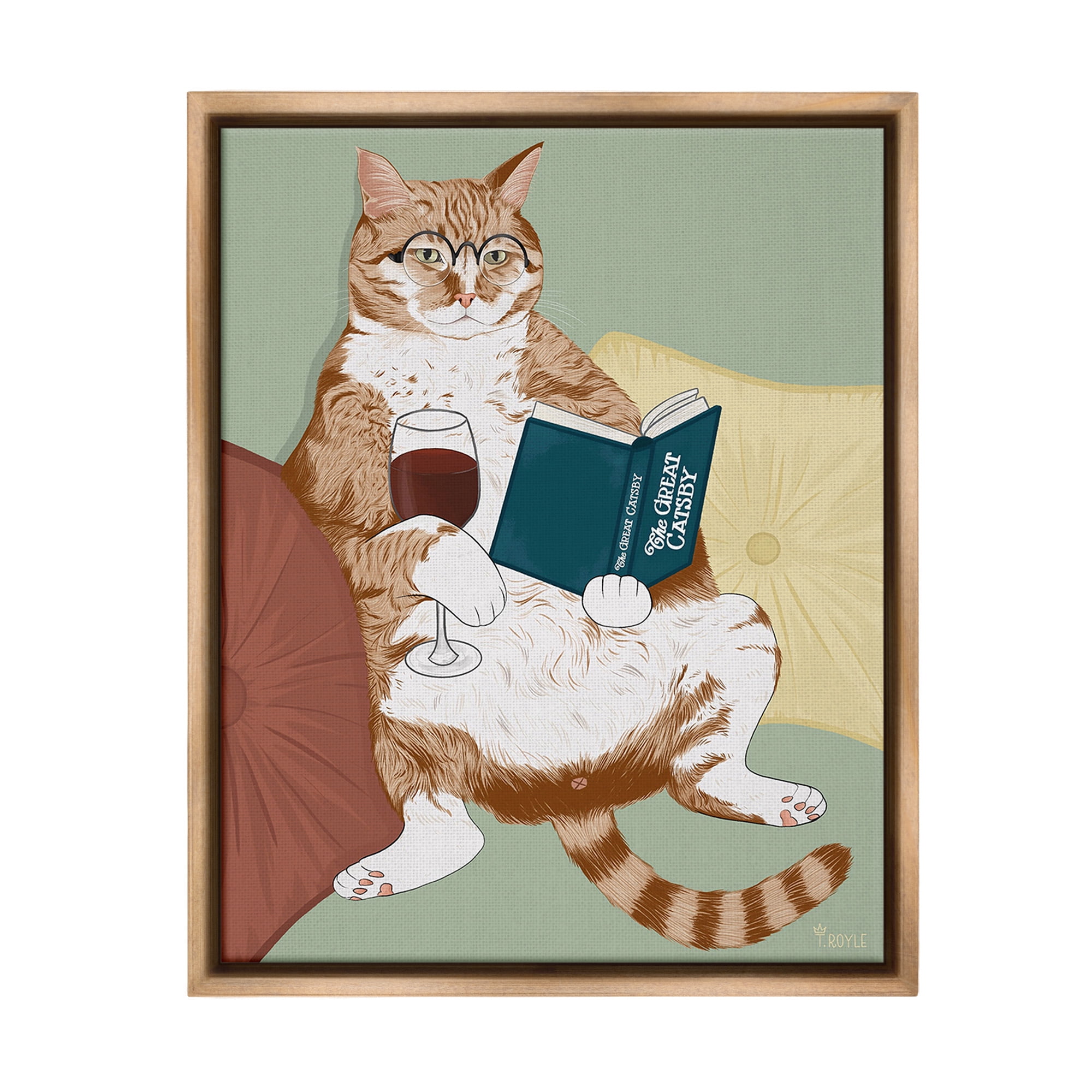 Stupell Industries Cat Reading with Wine Animals & Insects Painting Brown Floater Framed Canvas Art Print Wall Art, 25 x 31