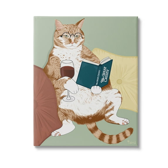 Stupell Industries Cat Reading with Wine Animals & Insects Painting Gallery Wrapped Canvas Art Print Wall Art, 36 x 48