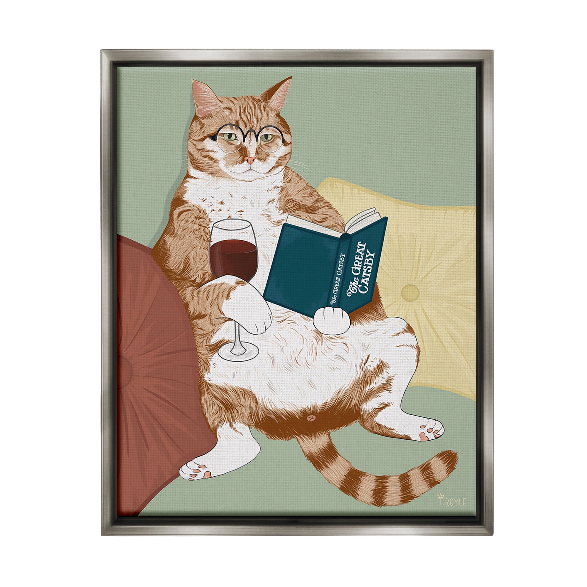 Stupell Industries Cat Reading with Wine Animals & Insects Painting Gray Floater Framed Canvas Art Print Wall Art, 17 x 21