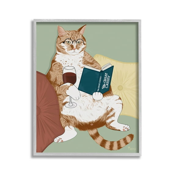 Stupell Industries Cat Reading with Wine Animals & Insects Painting Gray Framed Art Print Wall Art, 11 x 14