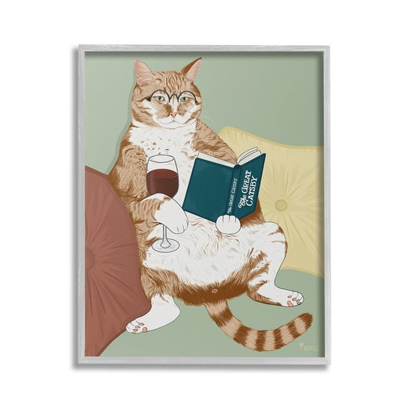 Stupell Industries Cat Reading with Wine Animals & Insects Painting Gray Framed Art Print Wall Art, 16 x 20