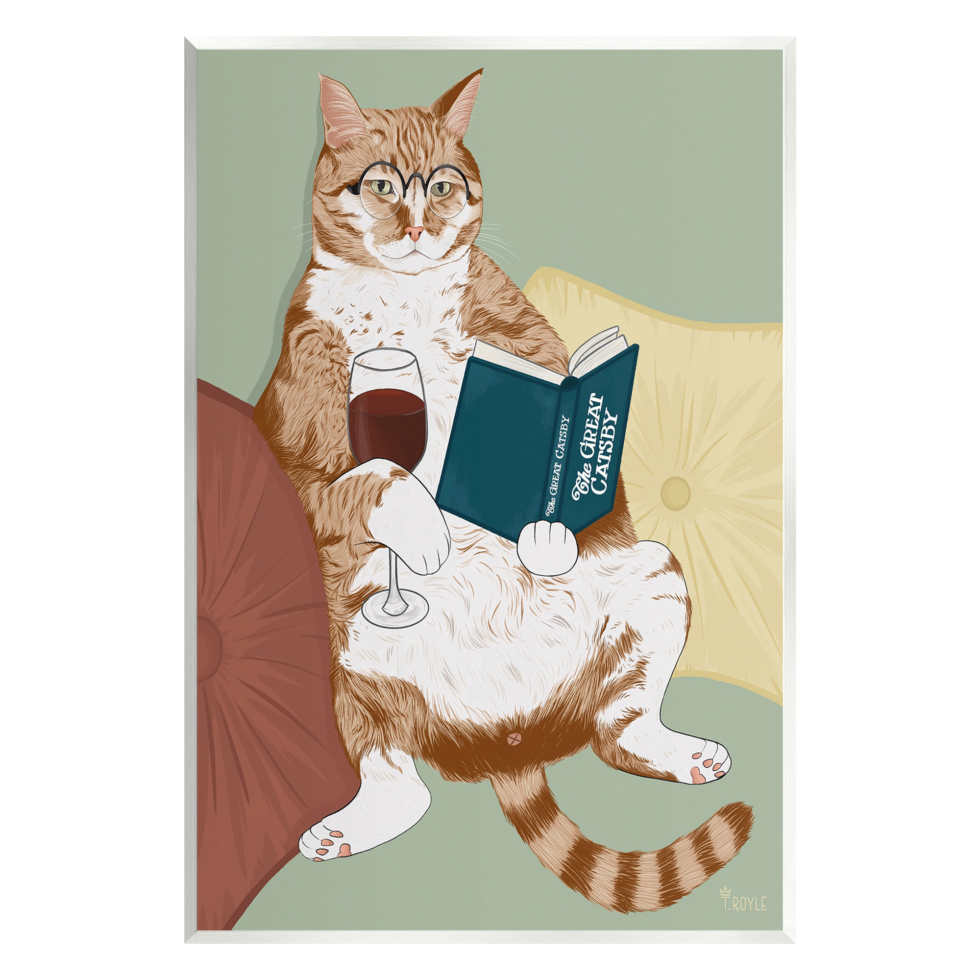 Stupell Industries Cat Reading with Wine Animals & Insects Painting Unframed Art Print Wall Art, 13 x 19