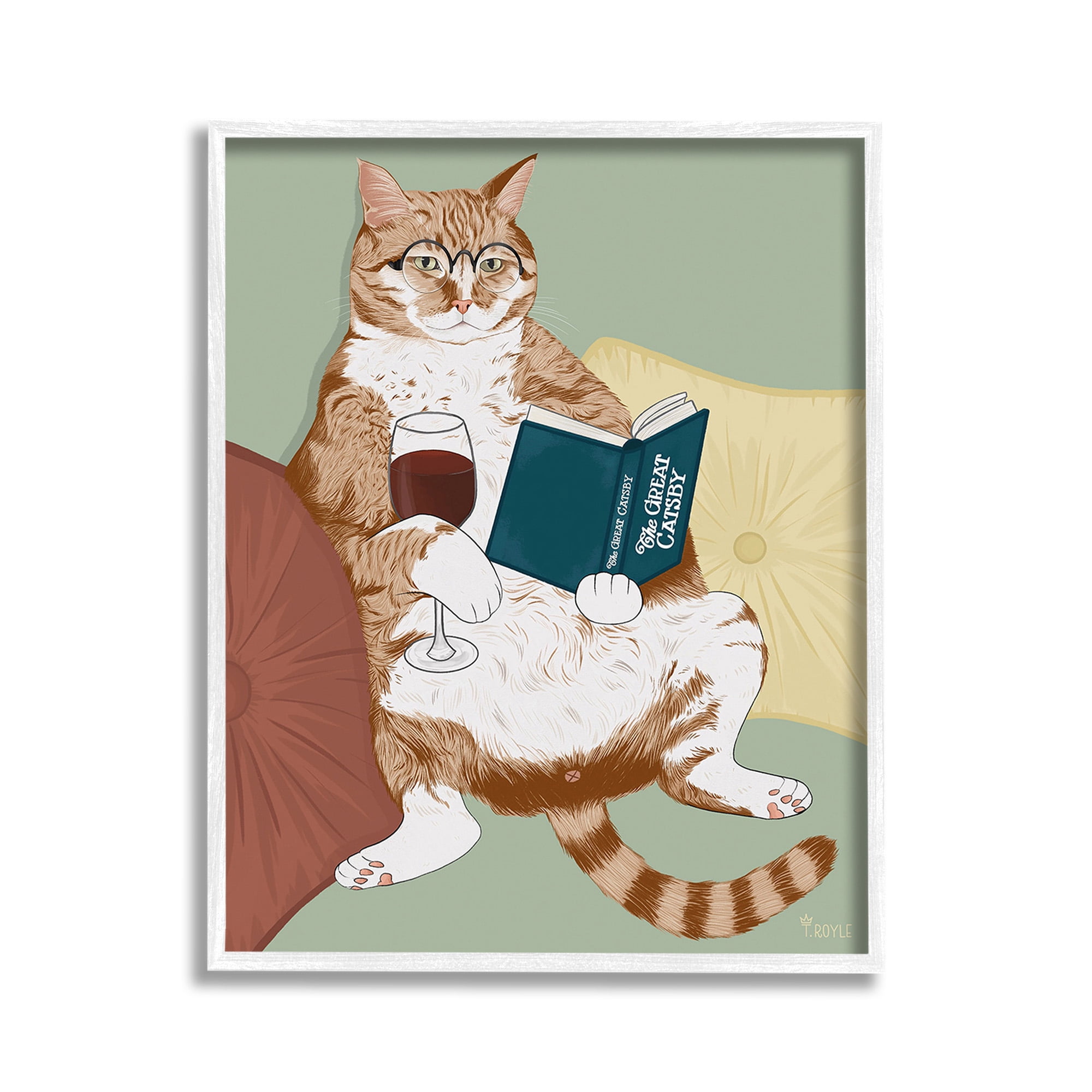 Stupell Industries Cat Reading with Wine Animals & Insects Painting White Framed Art Print Wall Art, 11 x 14
