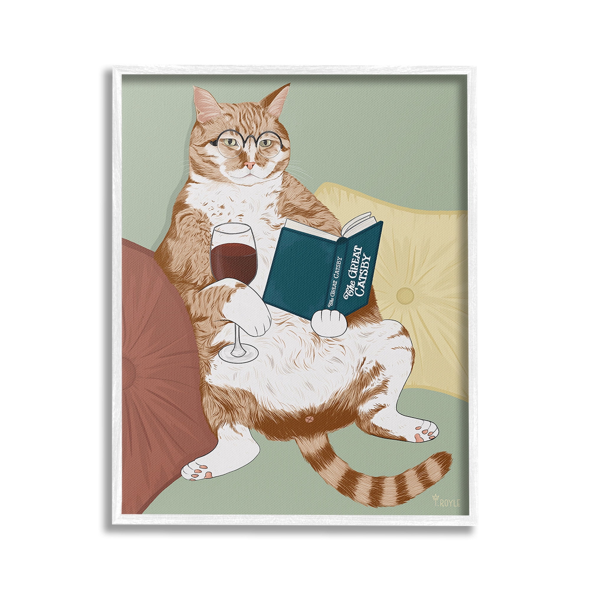 Stupell Industries Cat Reading with Wine Animals & Insects Painting White Framed Art Print Wall Art, 24 x 30