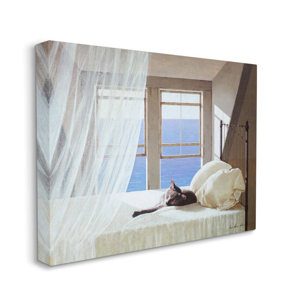 Stupell Industries Cat Resting on White Oceanside Bed Nautical Painting Designed by Zhen-Huan Lu
