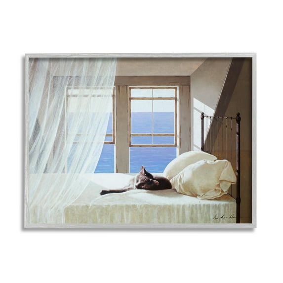 Stupell Industries Cat Resting on White Oceanside Bed Nautical Painting Framed Art Print Wall Art, 30x24, By Zhen-Huan Lu
