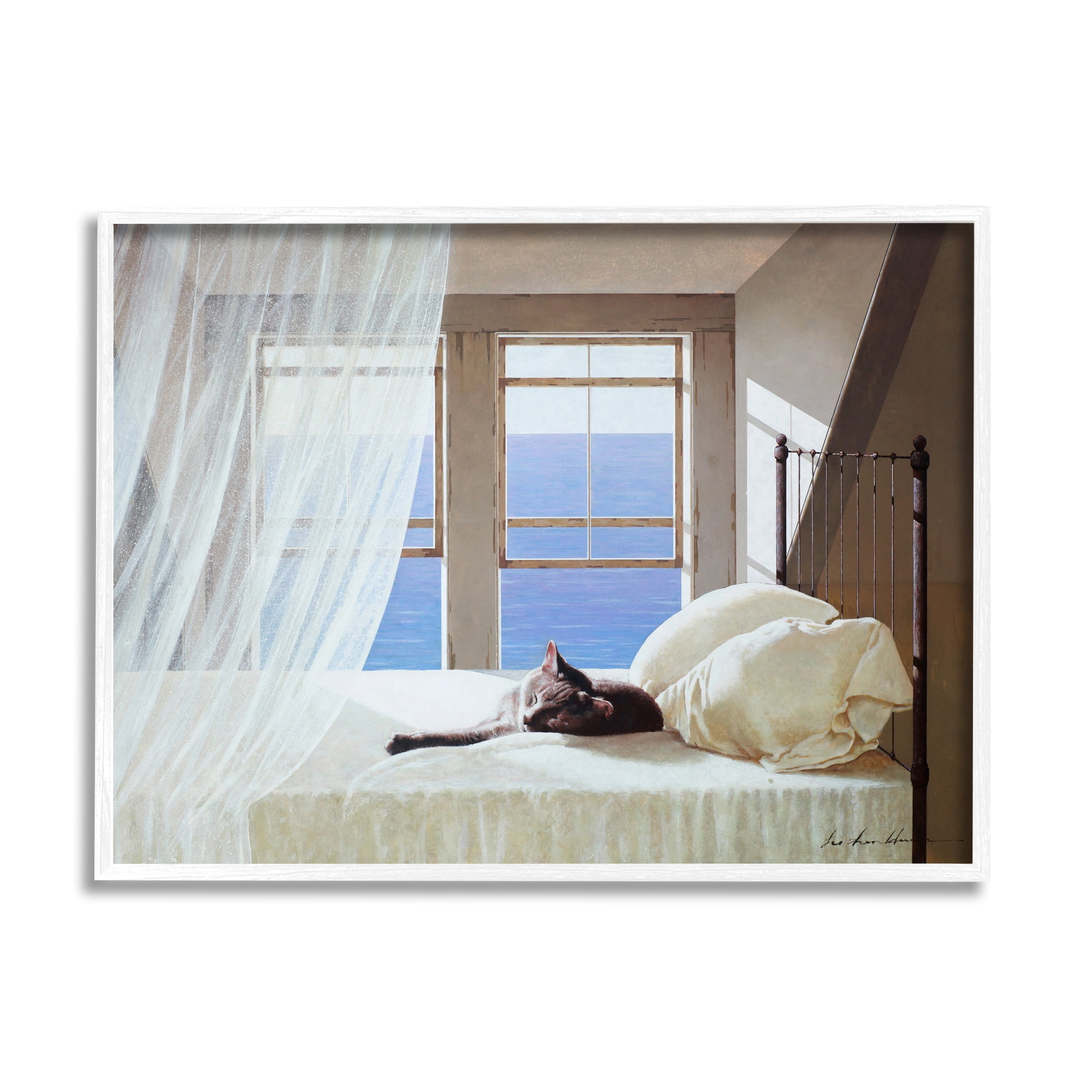 Stupell Industries Cat Resting on White Oceanside Bed Nautical Painting Framed Art Print Wall Art, 30x24, By Zhen-Huan Lu