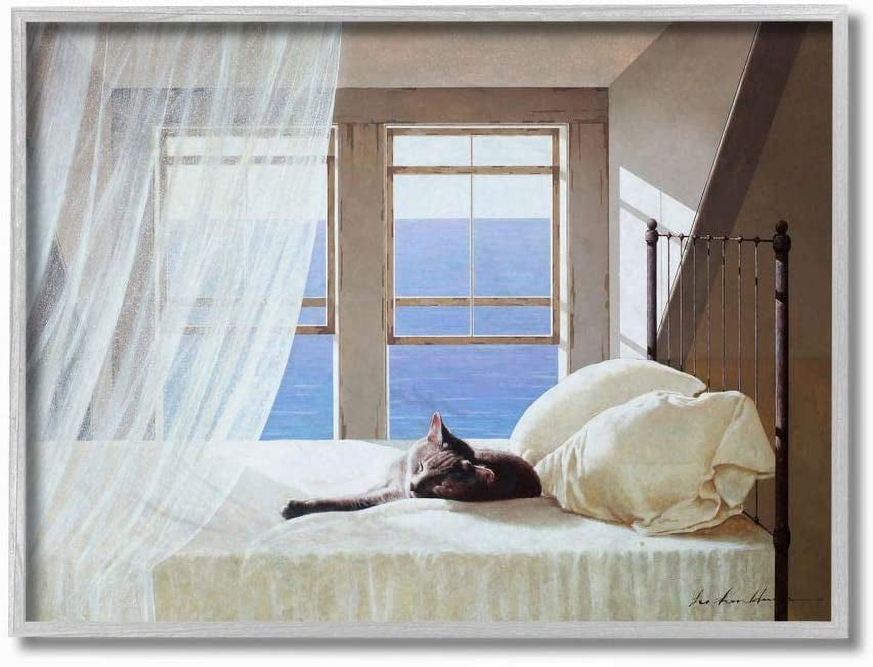 Stupell Industries Cat Resting on White Oceanside Bed Nautical Painting Gray Framed Art Print Wall Art, 11x14, by Zhen-Huan Lu