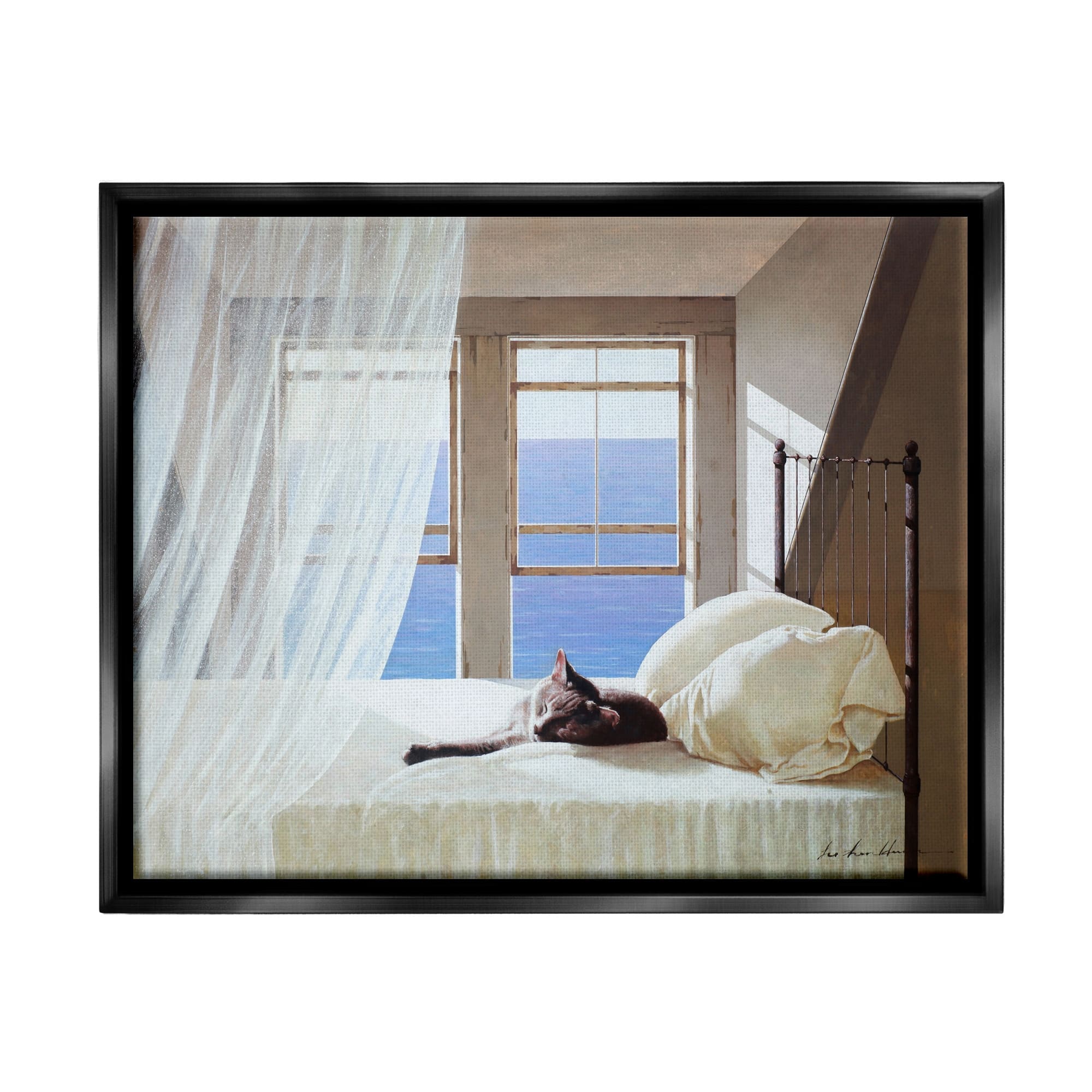 Stupell Industries Cat Resting on White Oceanside Bed Nautical Painting Jet Black Framed Floating Canvas Wall Art, 16x20, by Zhen-Huan Lu