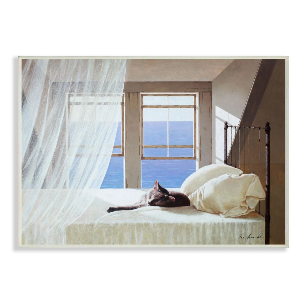 Stupell Industries Cat Resting on White Oceanside Bed Nautical Painting Unframed Art Print Wall Art, 10x15, by Zhen-Huan Lu