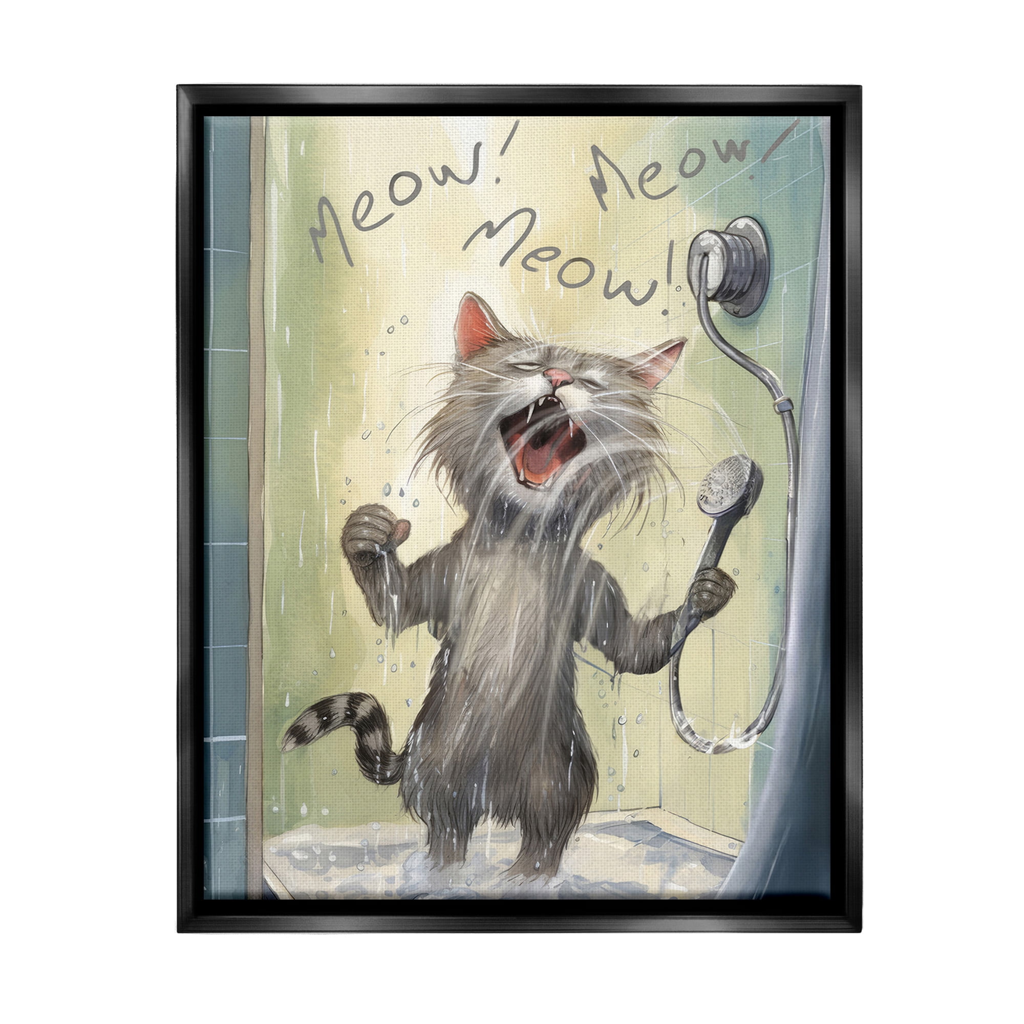 Stupell Industries Cat Singing in Shower Animals & Insects Painting Black Floater Framed Canvas Art Print Wall Art, 17 x 21