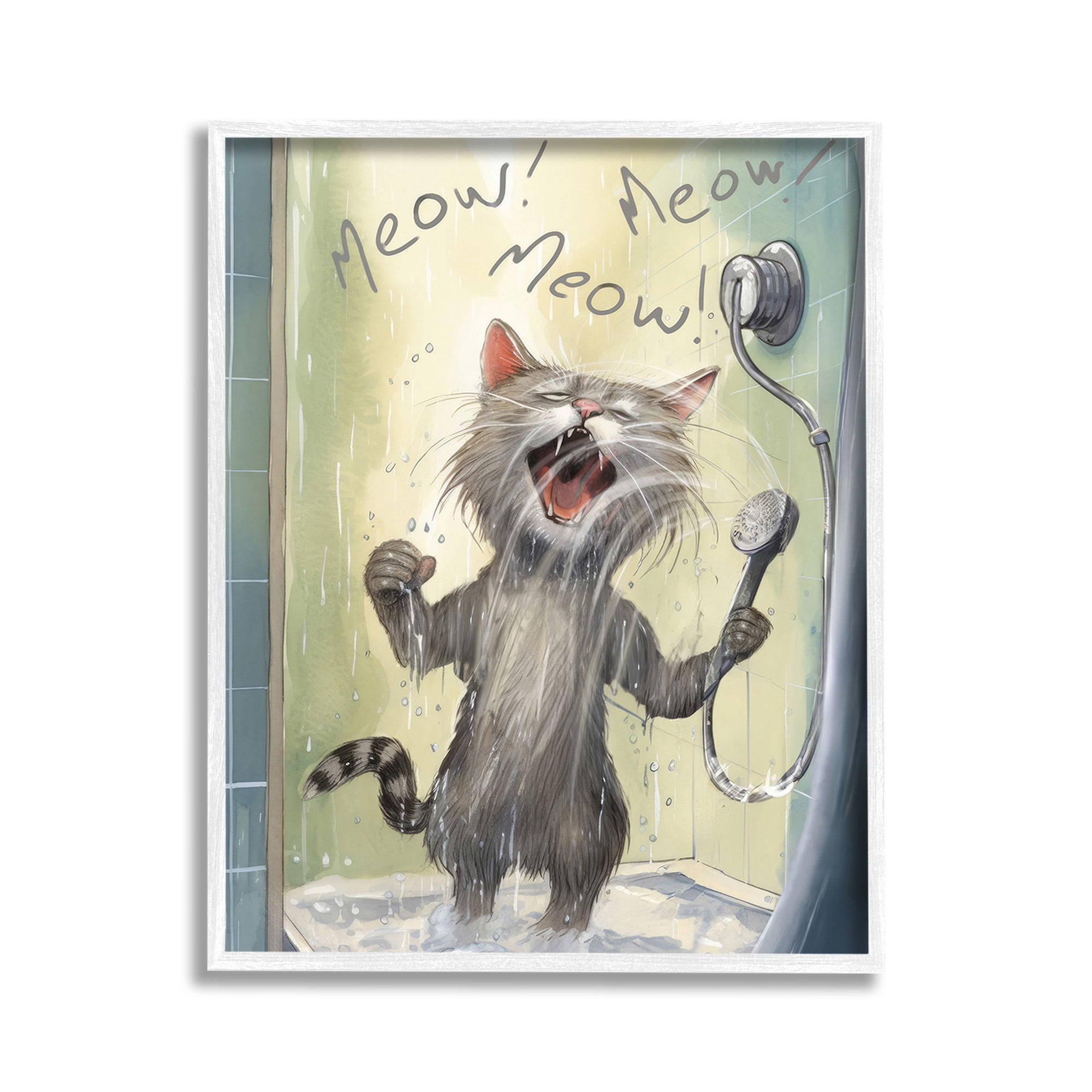 Stupell Industries Cat Singing in Shower Animals & Insects Painting White Framed Art Print Wall Art, 11 x 14