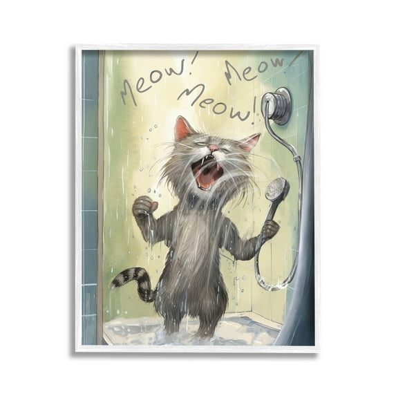 Stupell Industries Cat Singing in Shower Animals & Insects Painting White Framed Art Print Wall Art, 11 x 14