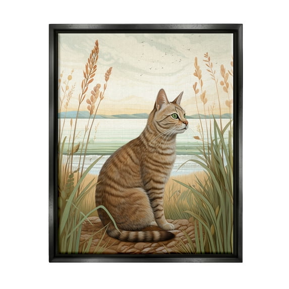 Stupell Industries Cat Sitting on Beach Animals & Insects Painting Black Floater Framed Art Print Wall Art, 17 x 21