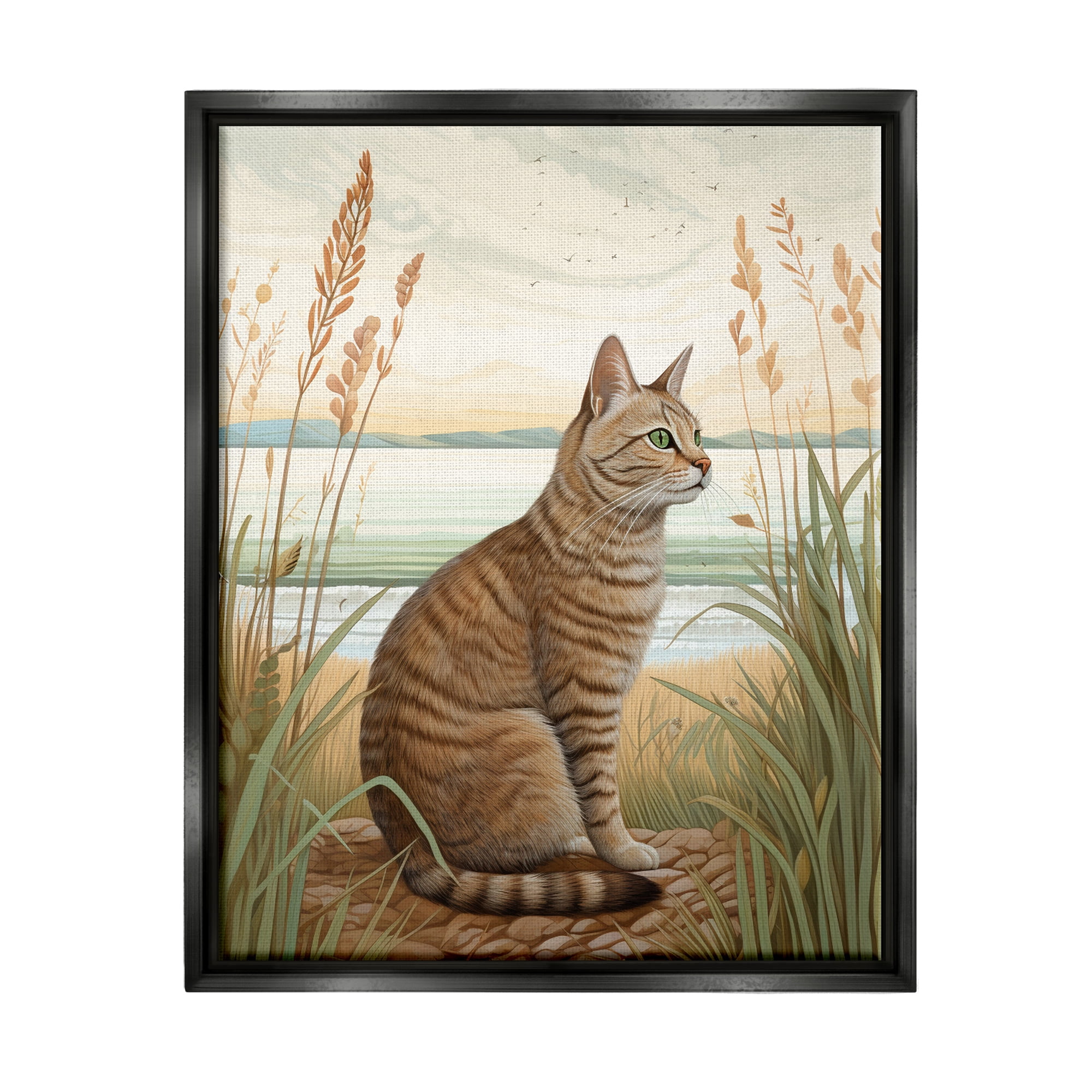 Stupell Industries Cat Sitting on Beach Animals & Insects Painting Black Floater Framed Art Print Wall Art, 25 x 31