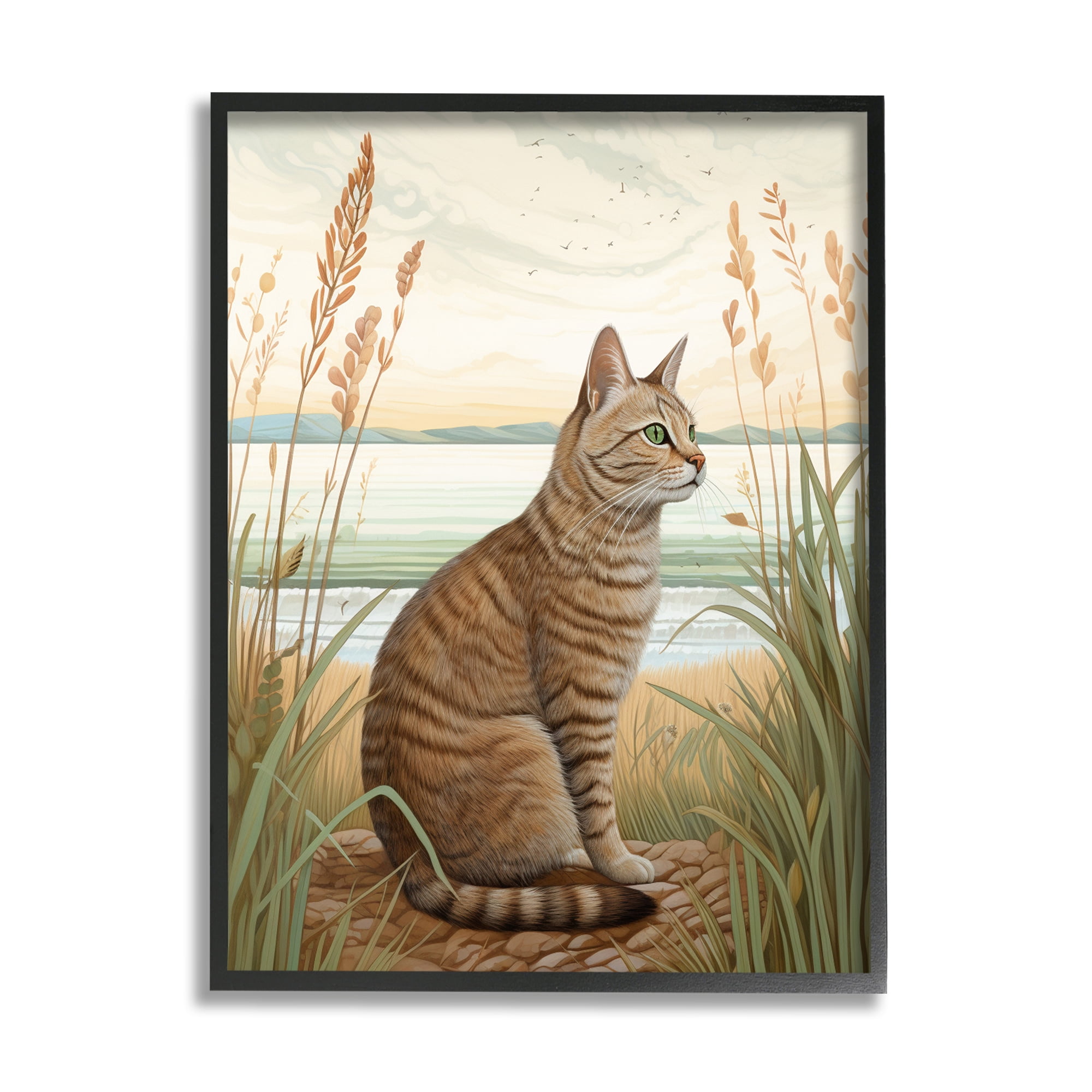 Stupell Industries Cat Sitting on Beach Animals & Insects Painting Black Framed Art Print Wall Art, 24 x 30