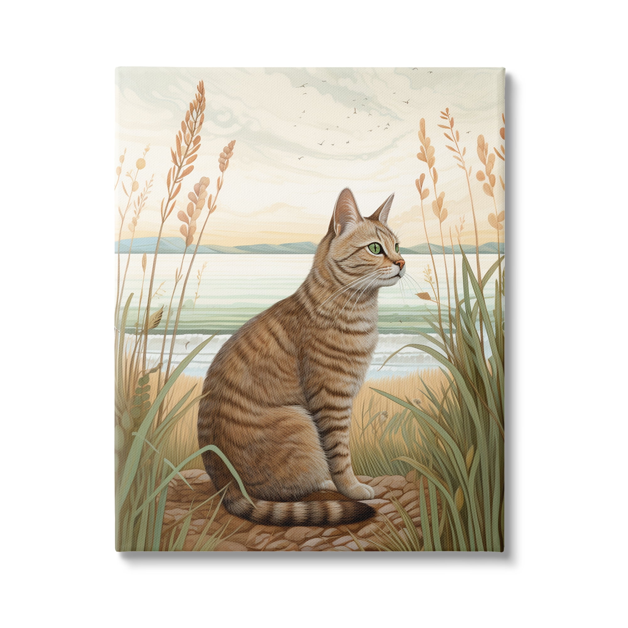 Stupell Industries Cat Sitting on Beach Animals & Insects Painting Gallery Wrapped Canvas Print Wall Art, 30 x 40