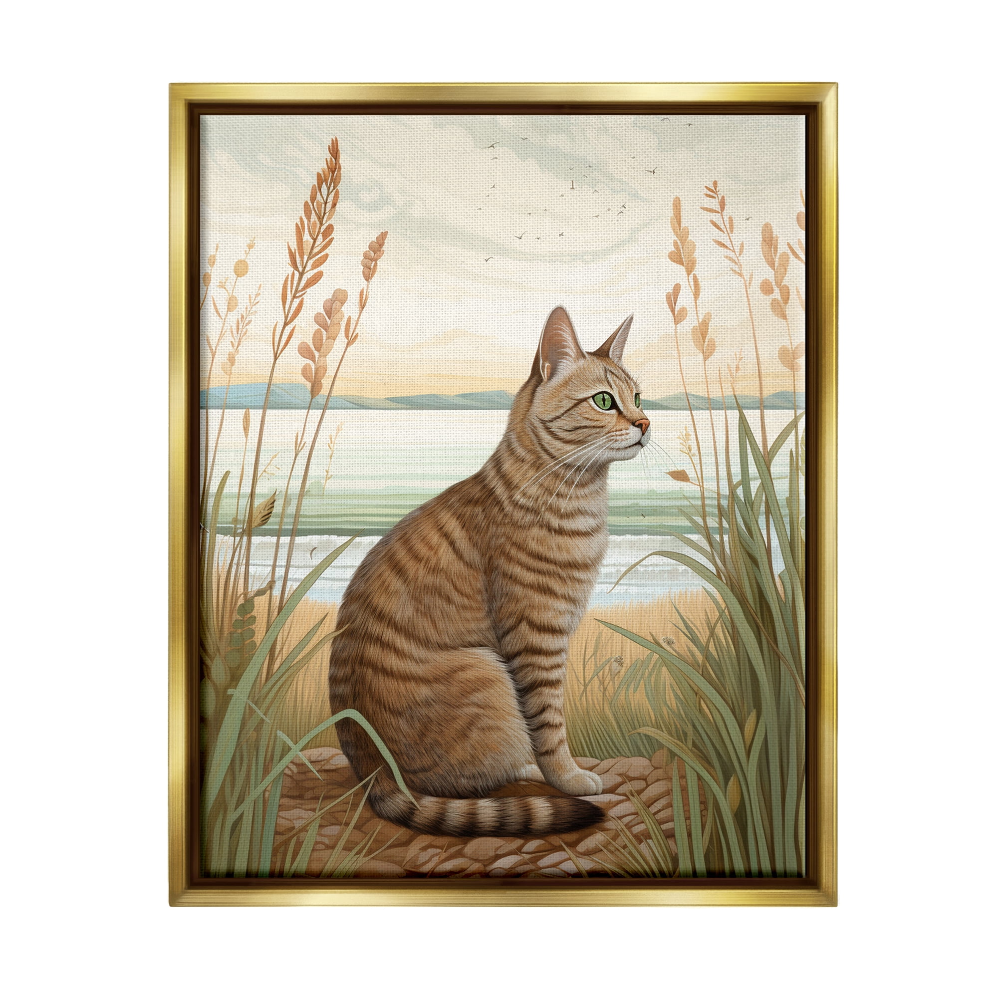 Stupell Industries Cat Sitting on Beach Animals & Insects Painting Gold Floater Framed Art Print Wall Art, 25 x 31