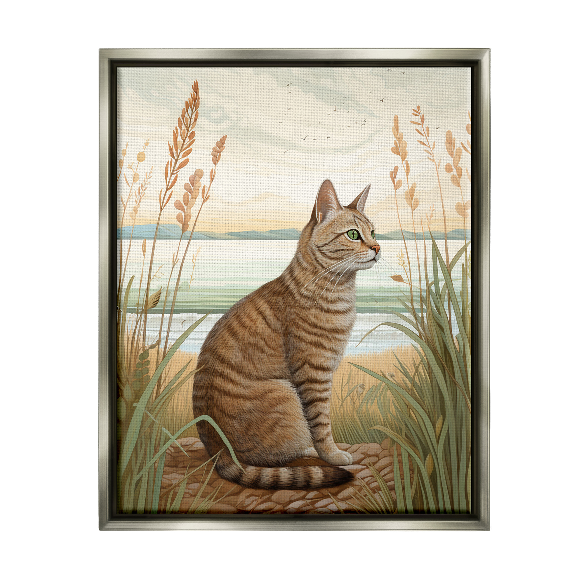 Stupell Industries Cat Sitting on Beach Animals & Insects Painting Gray Floater Framed Art Print Wall Art, 25 x 31
