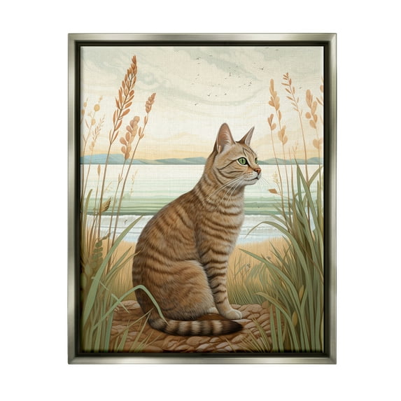 Stupell Industries Cat Sitting on Beach Animals & Insects Painting Gray Floater Framed Art Print Wall Art, 25 x 31