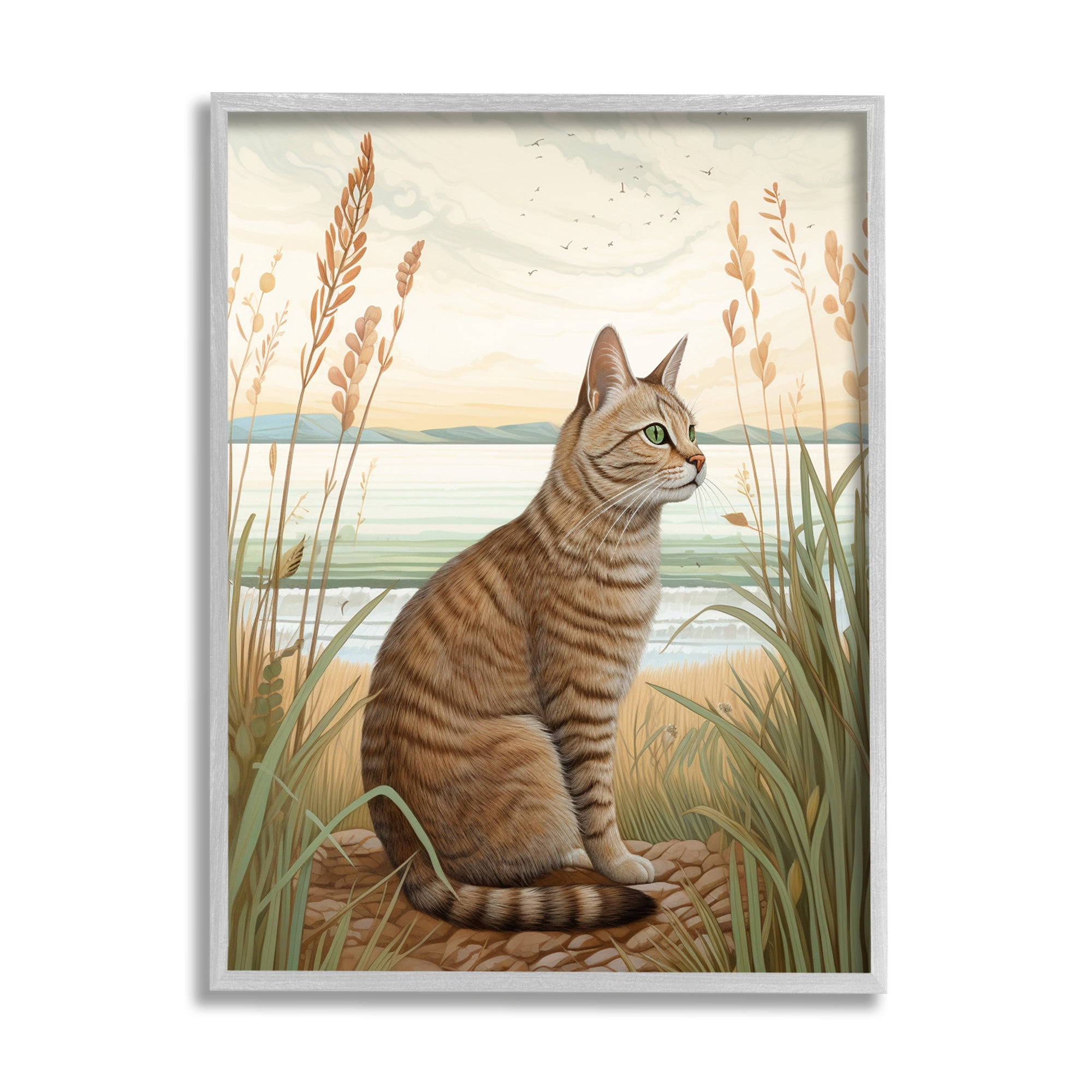 Stupell Industries Cat Sitting on Beach Animals & Insects Painting Gray Framed Art Print Wall Art, 11 x 14