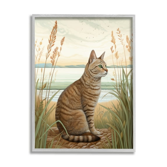 Stupell Industries Cat Sitting on Beach Animals & Insects Painting Gray Framed Art Print Wall Art, 24 x 30