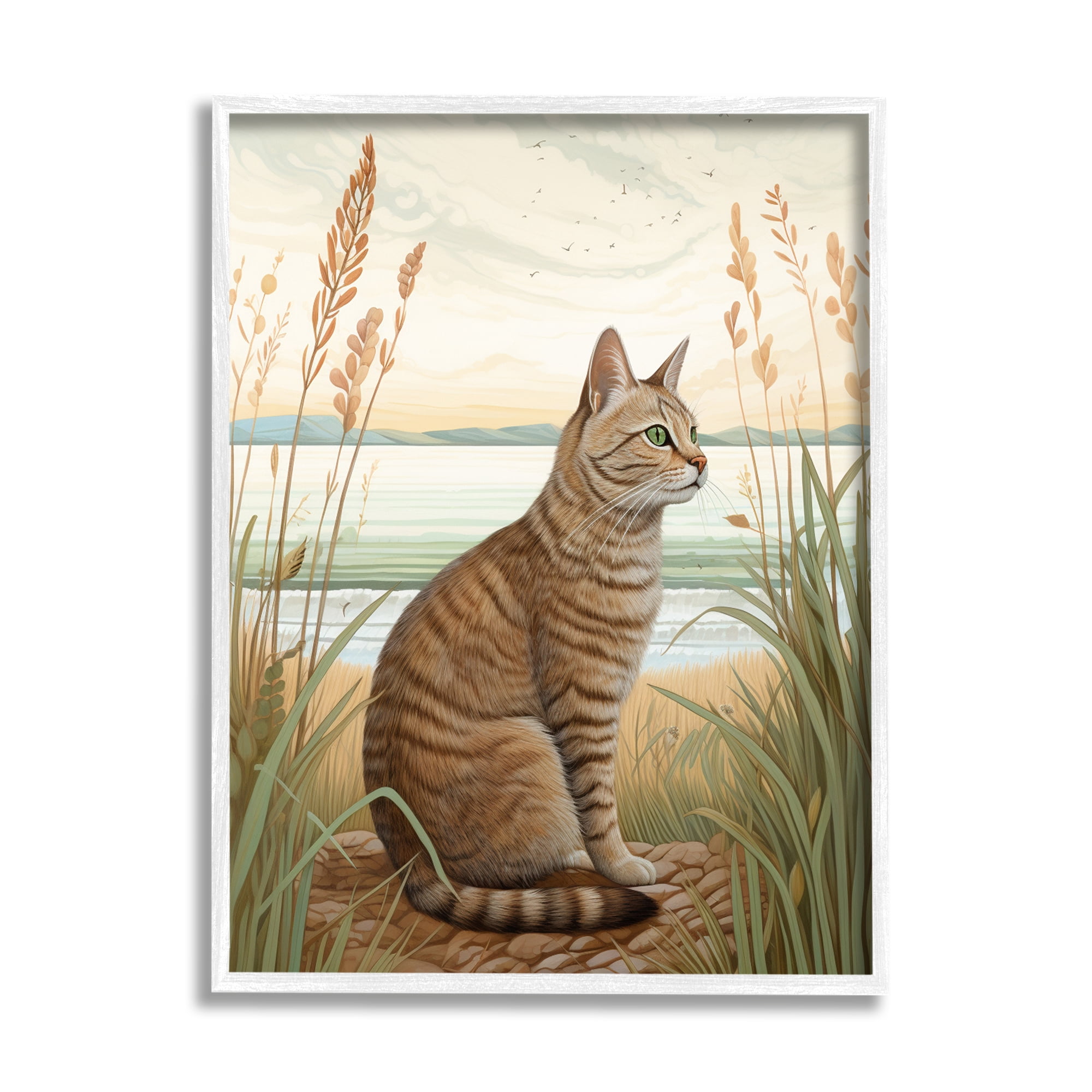 Stupell Industries Cat Sitting on Beach Animals & Insects Painting White Framed Art Print Wall Art, 11 x 14