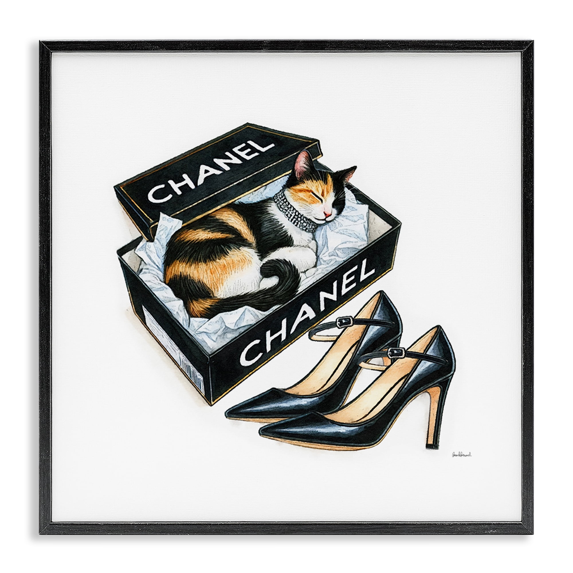 Stupell Industries Cat Sleeping Heels Box Animals Painting Black Framed Art Print Wall Art, 12 x 12