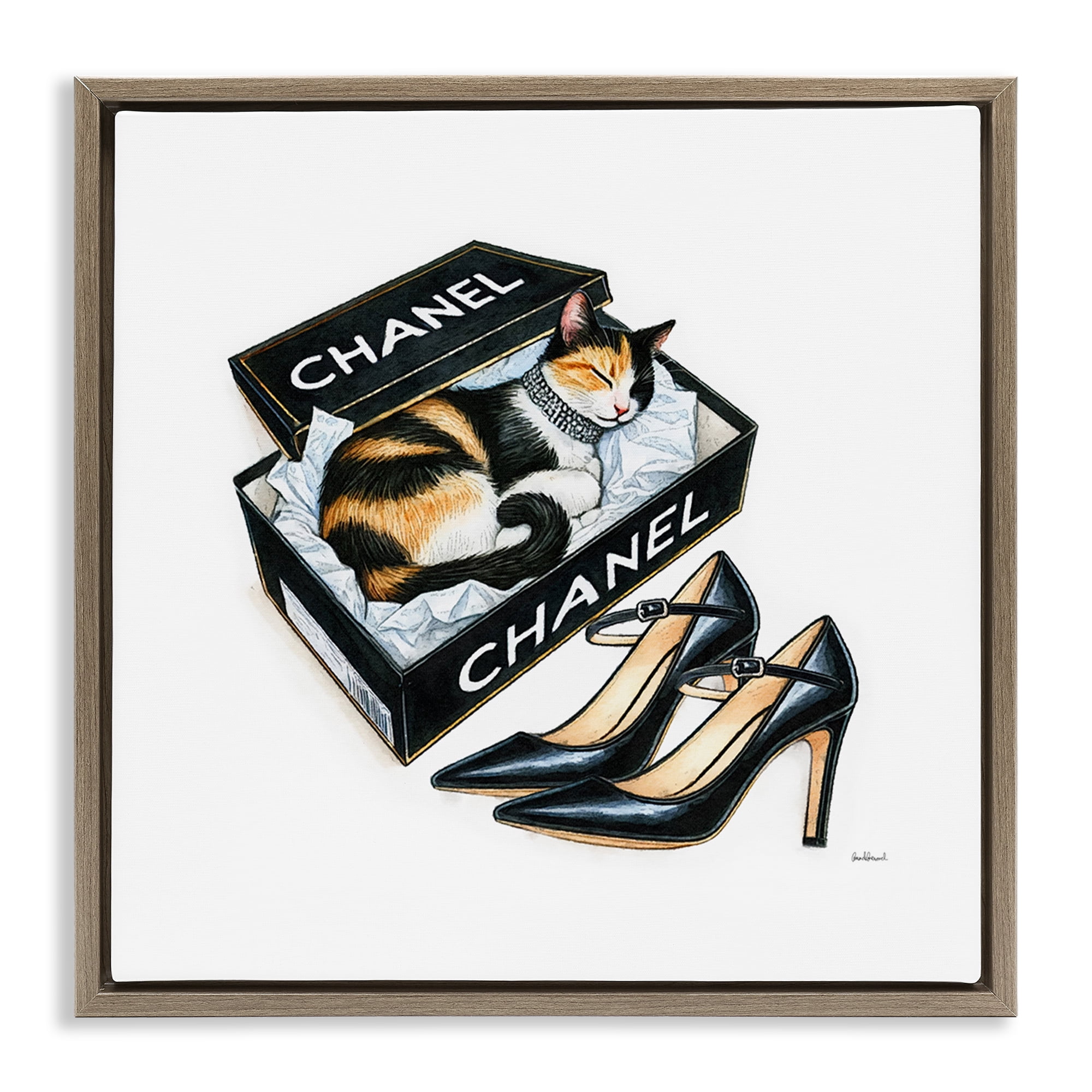 Stupell Industries Cat Sleeping Heels Box Animals Painting Brown Floater Framed Canvas Art Print Wall Art, 25 x 25