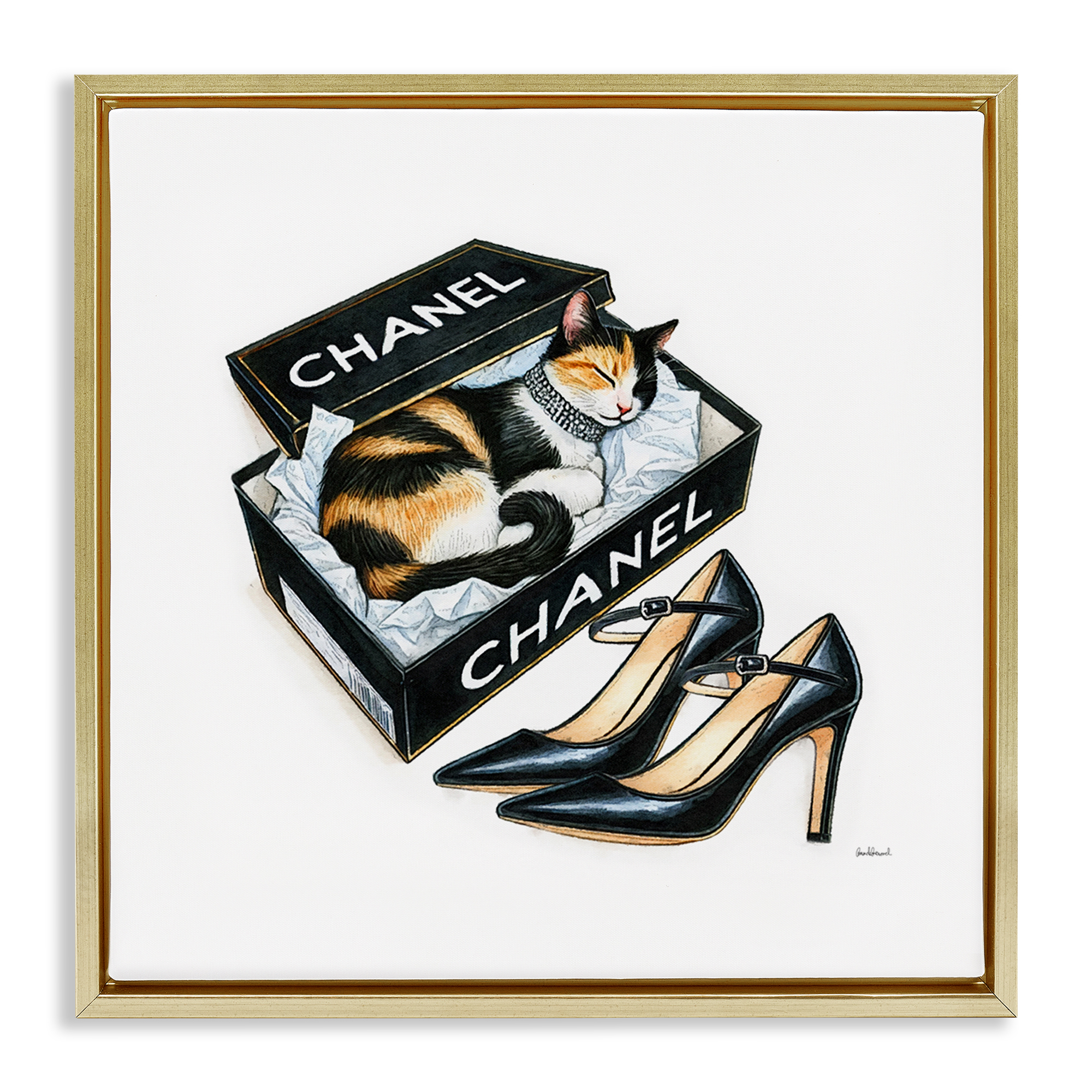 Stupell Industries Cat Sleeping Heels Box Animals Painting Gold Floater Framed Canvas Art Print Wall Art, 18 x 18