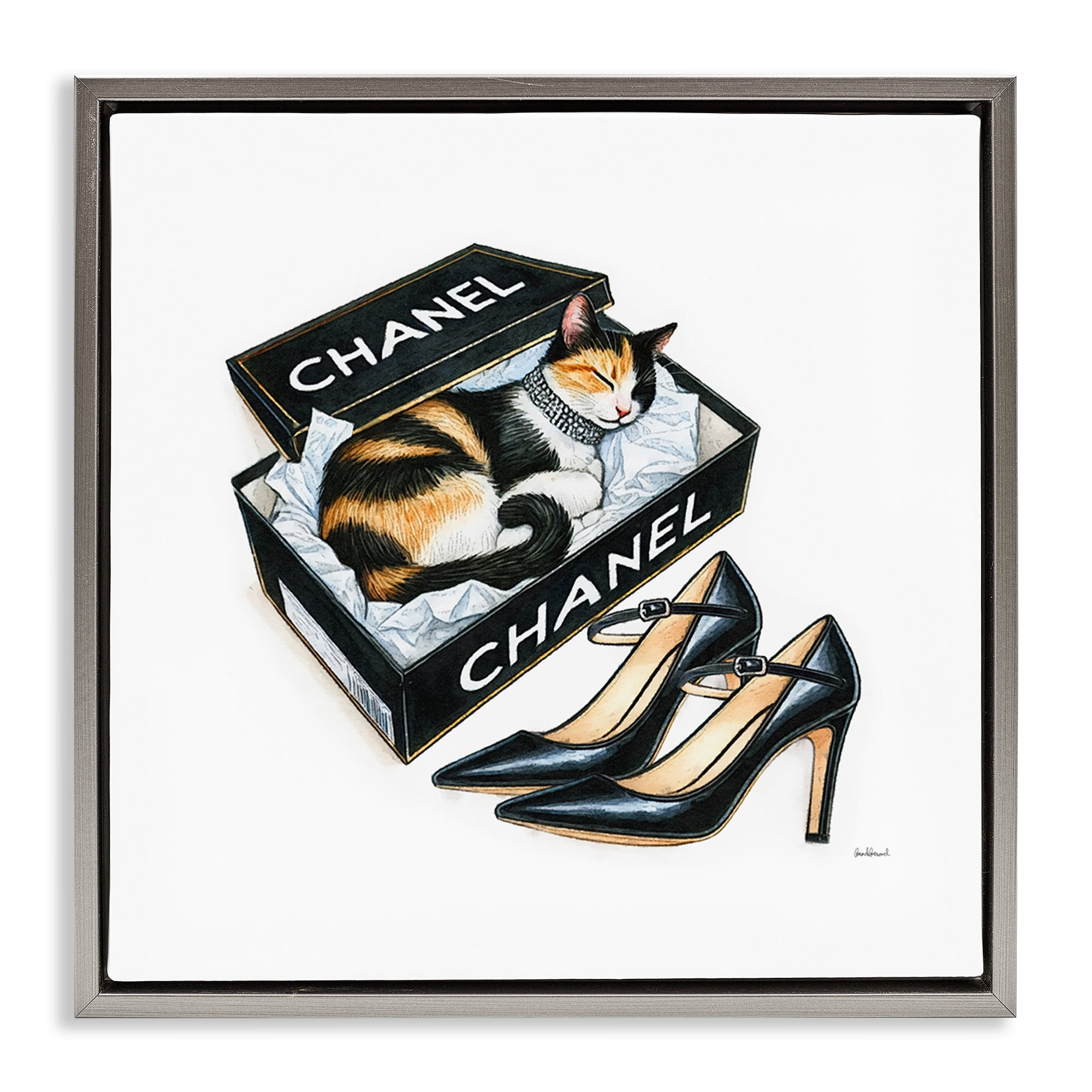 Stupell Industries Cat Sleeping Heels Box Animals Painting Gray Floater Framed Canvas Art Print Wall Art, 25 x 25